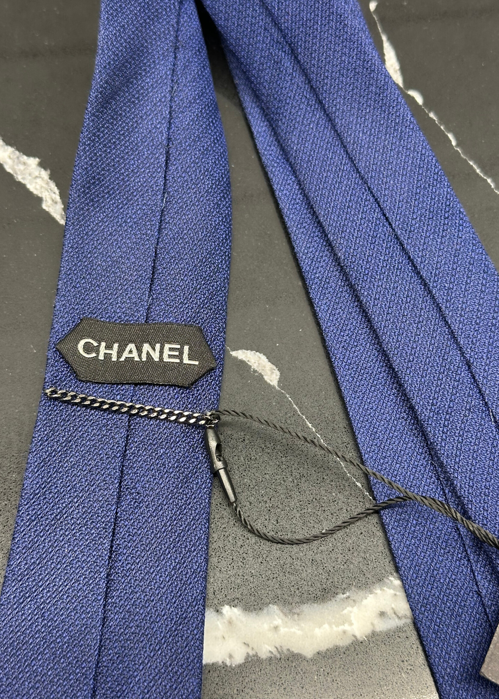 Chanel Navy Skinny Logo Tie As Is