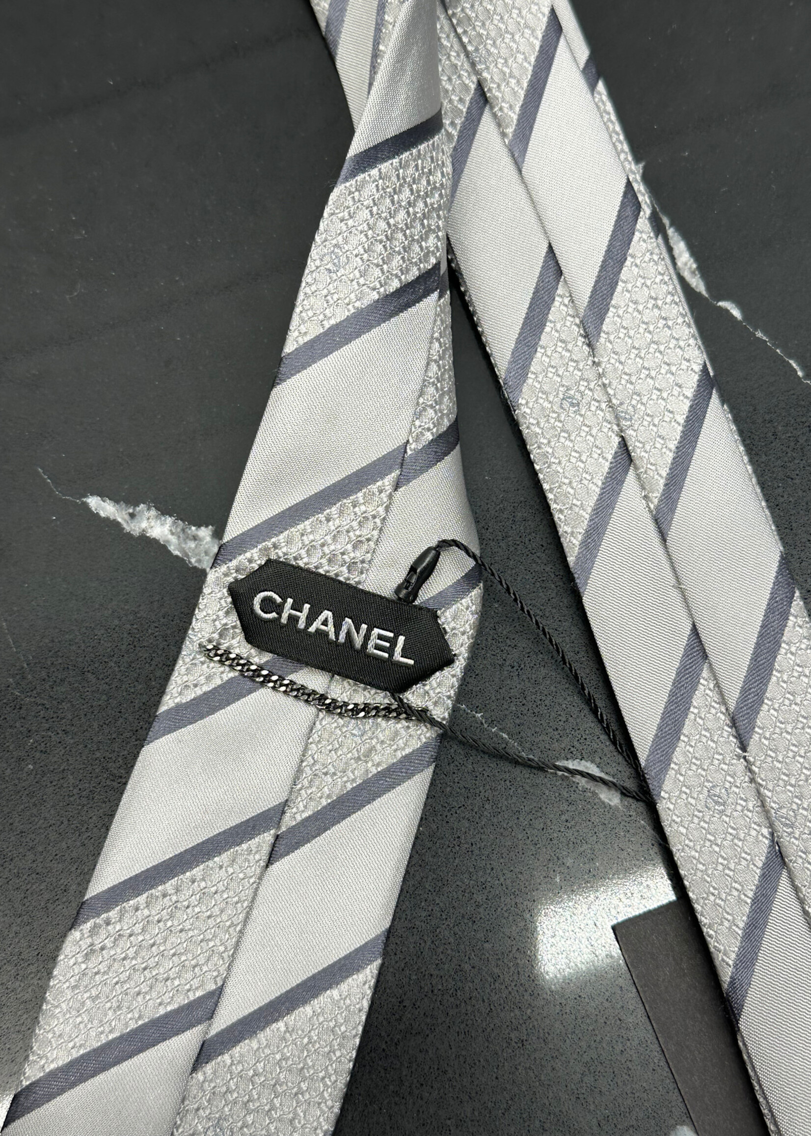 Chanel Light Grey Stripe Silk Tie