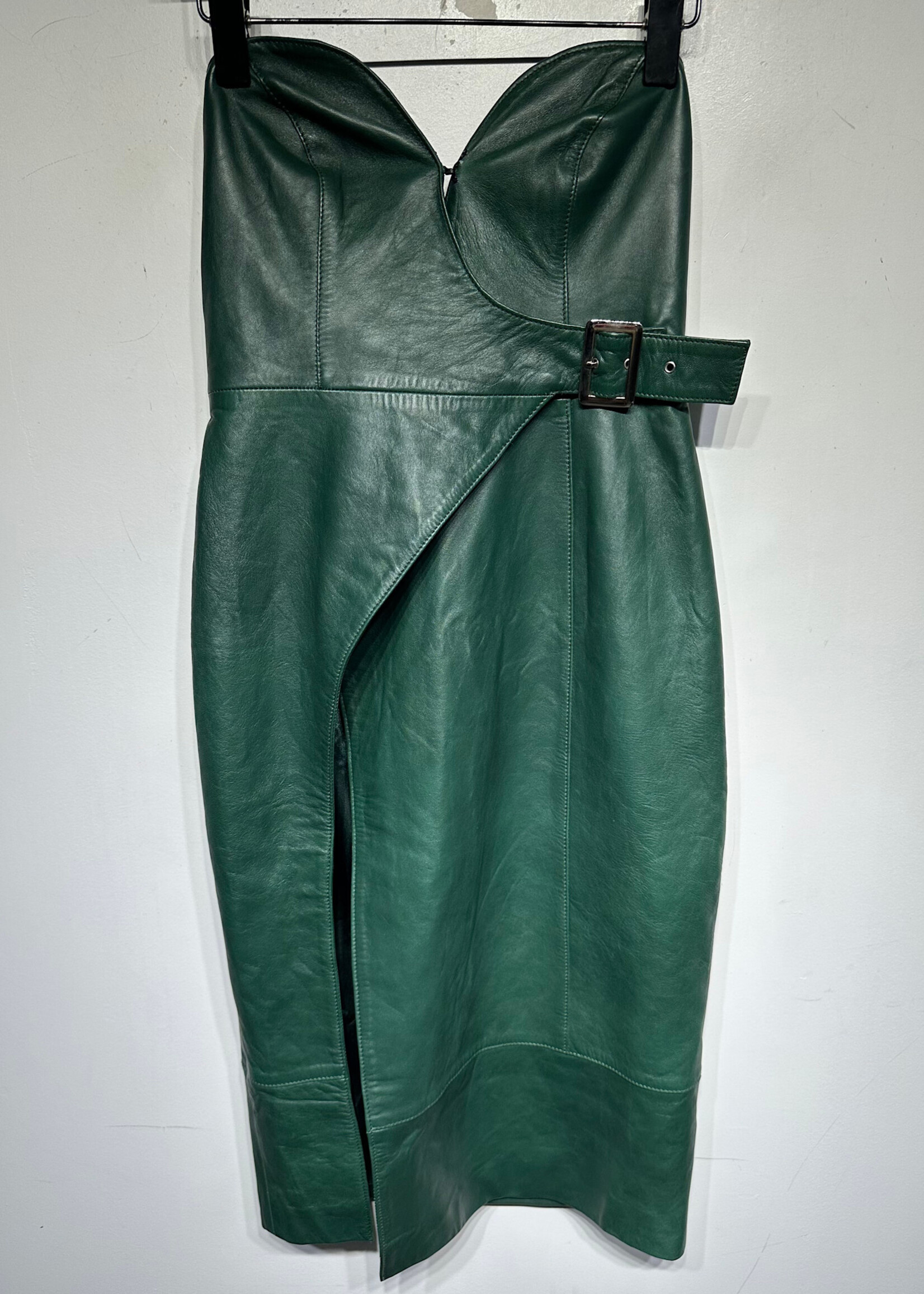 Hours Green Leather Buckle Wrap Dress S
