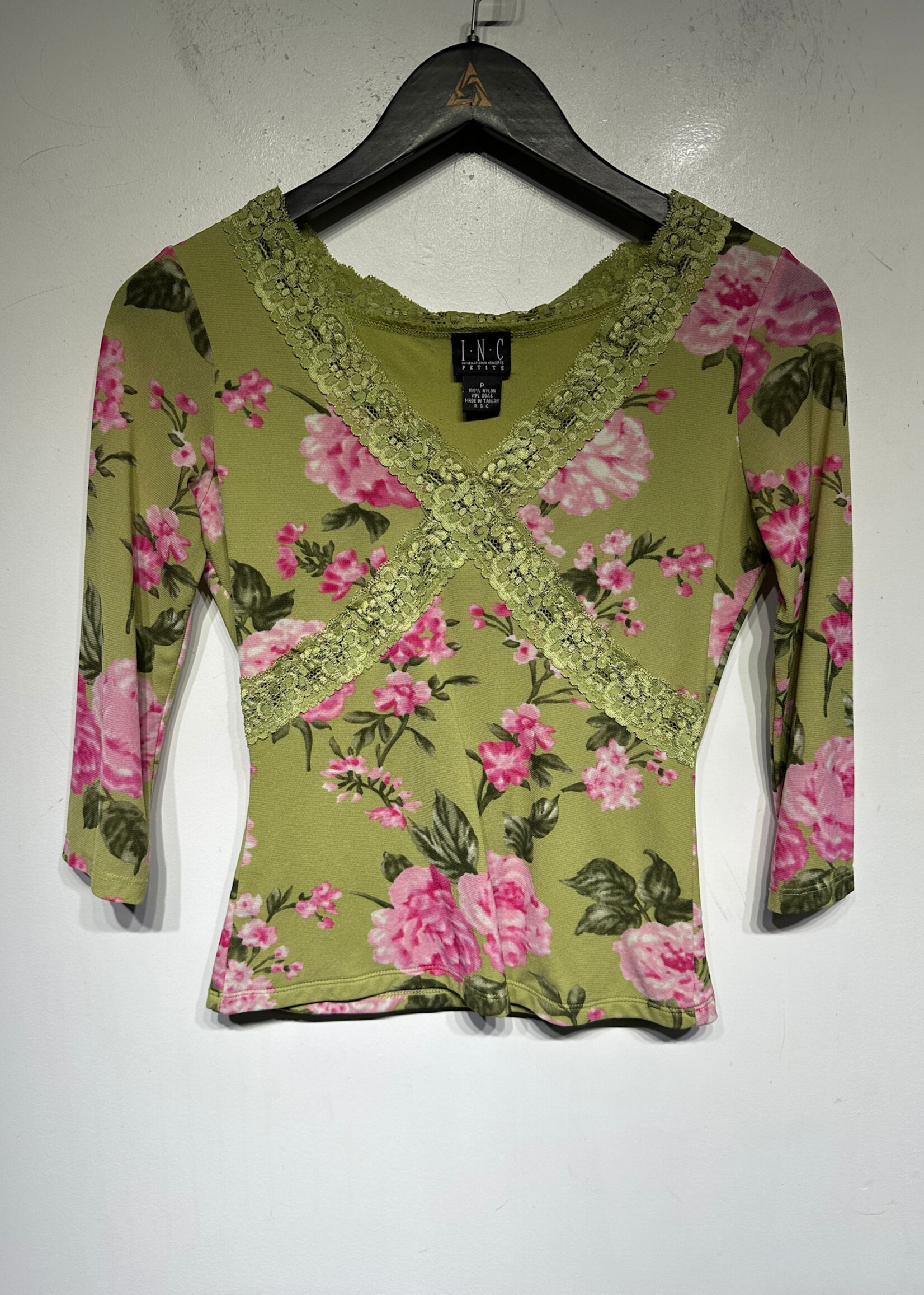 Inc Green Pink Lace Trim Floral Top S