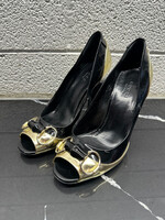 Gucci Black and Gold Patent Leather Heels Horsebit 6.5