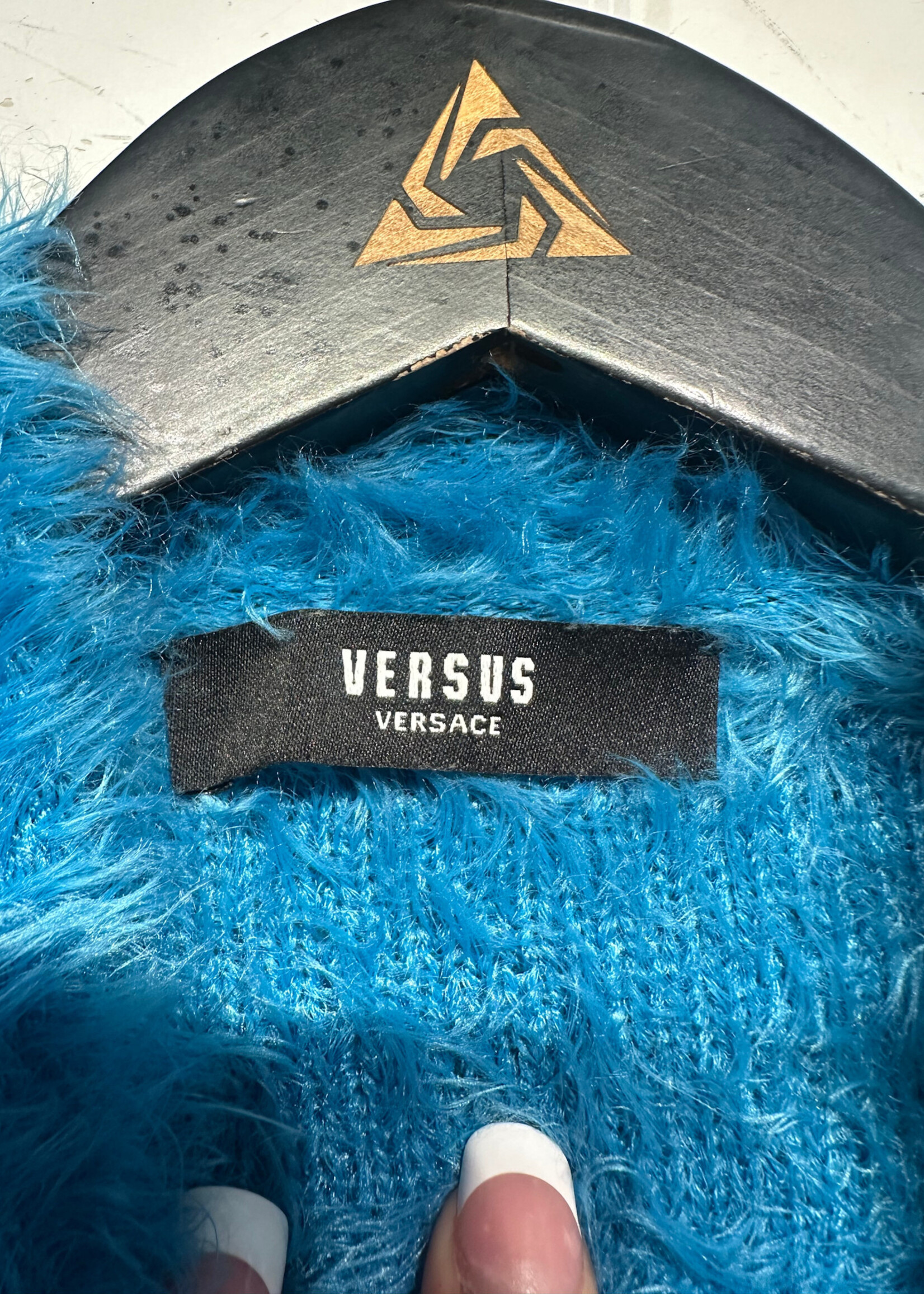 Versus Versace Pink Blue Knit Fuzzy Sleeve Sweater M
