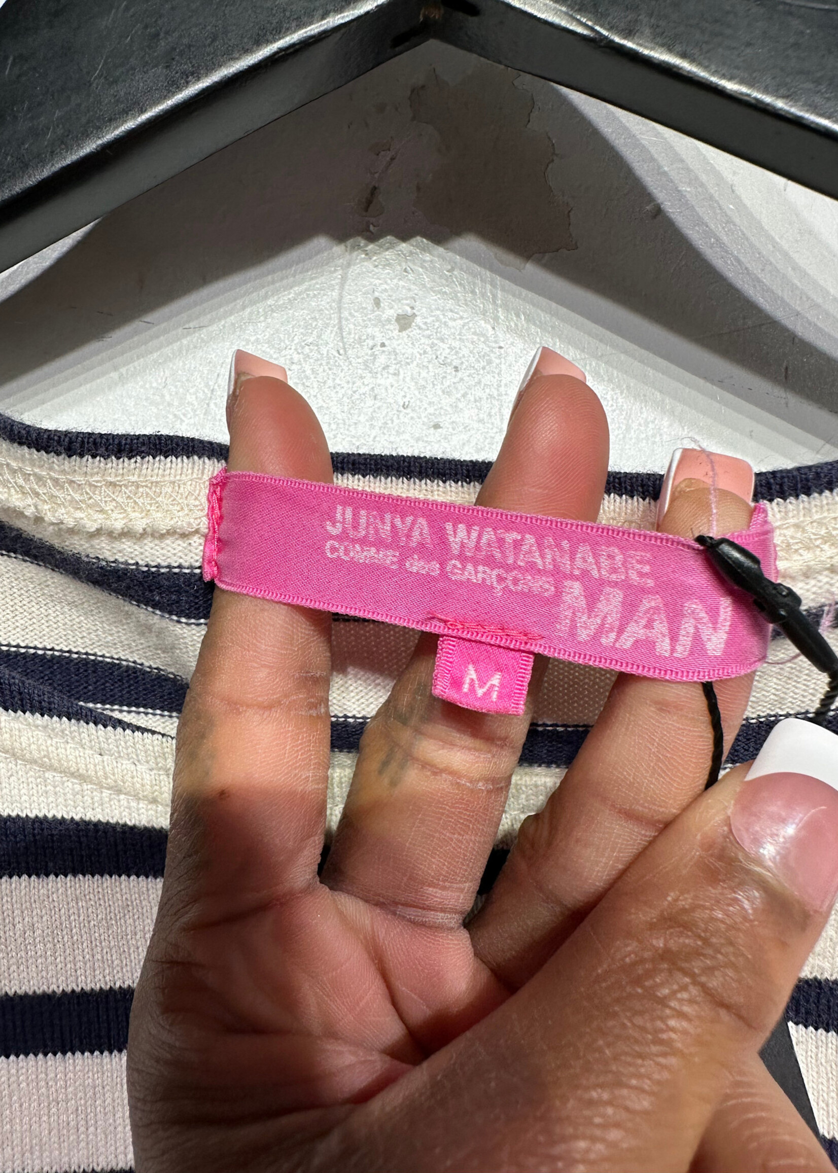 Junya Watanabe Navy Stripe Pink Boat Neck LS M