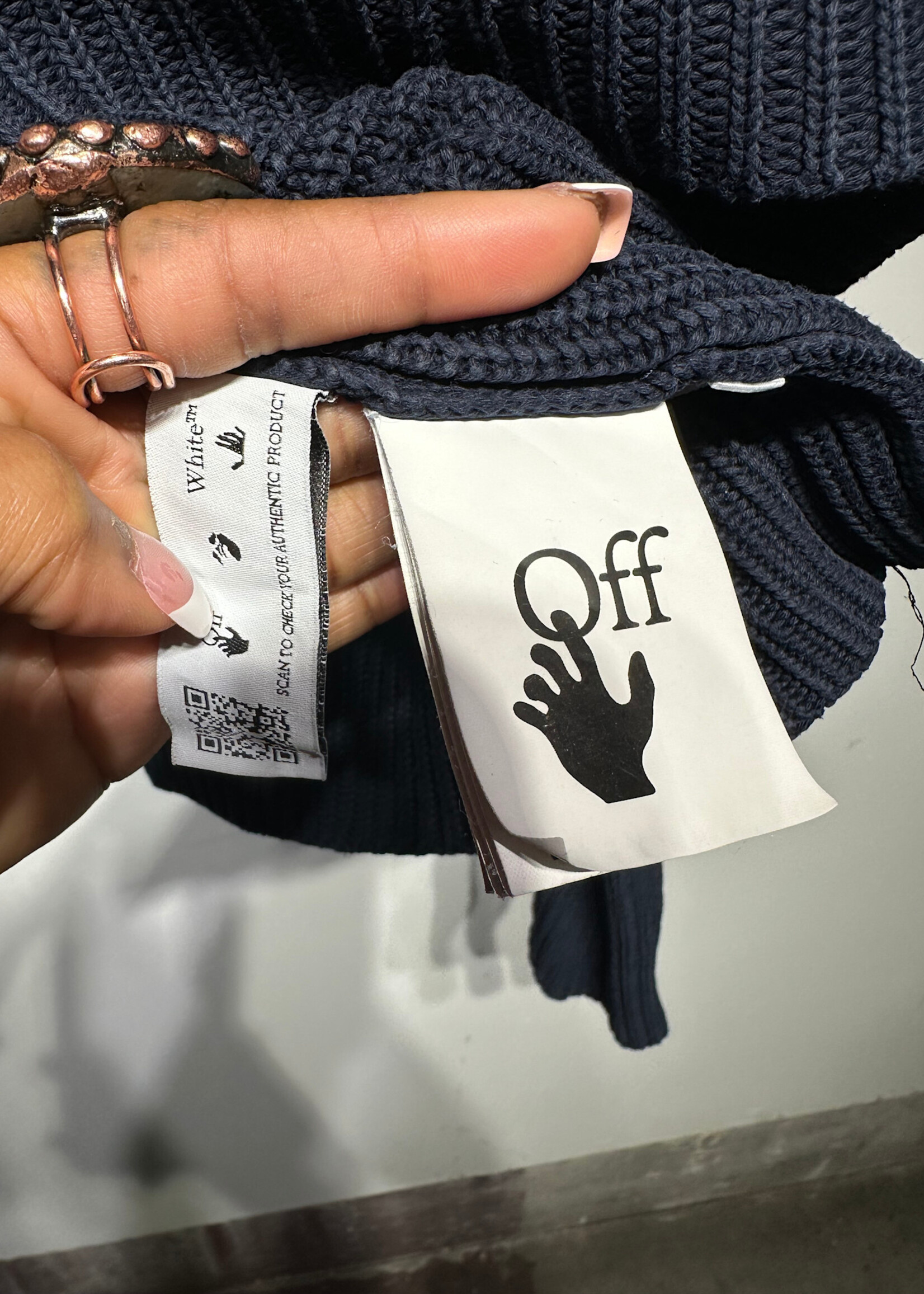 Off White Navy Ribbed Knit Face Hands Sweater M