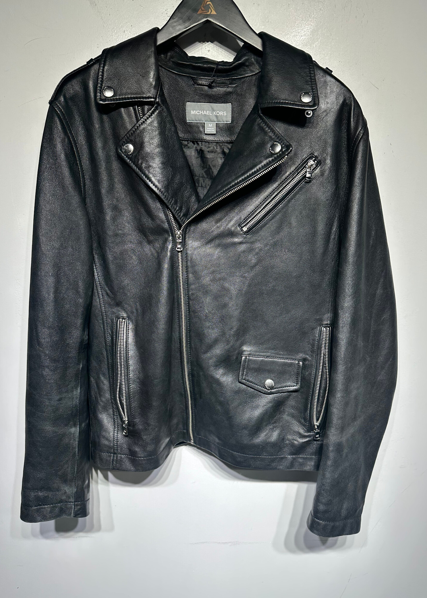Michael Kors Black Leather Biker Jacket Masc M AS IS