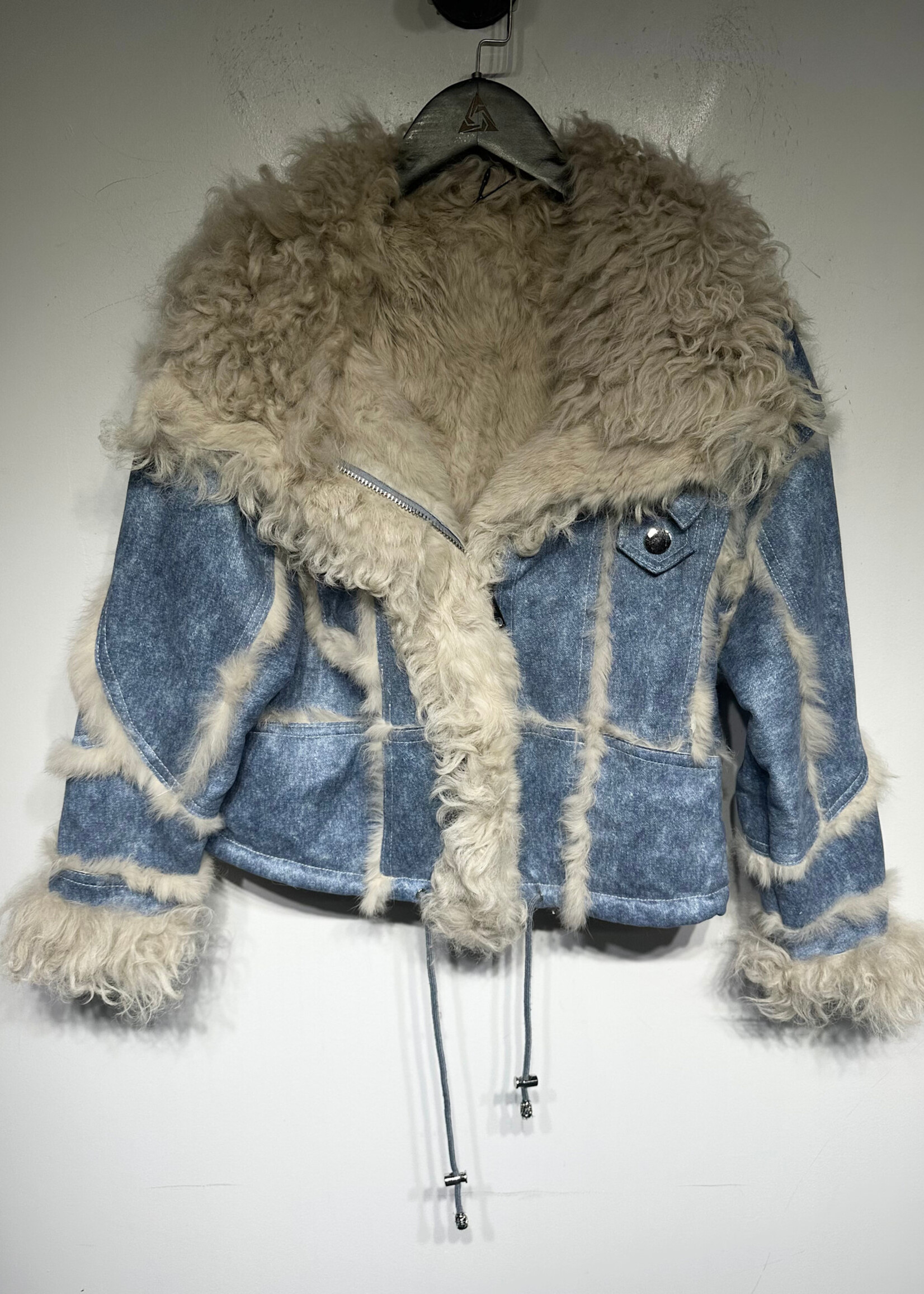 NO Label Faux Fur Denim Printed Crop Jacket M
