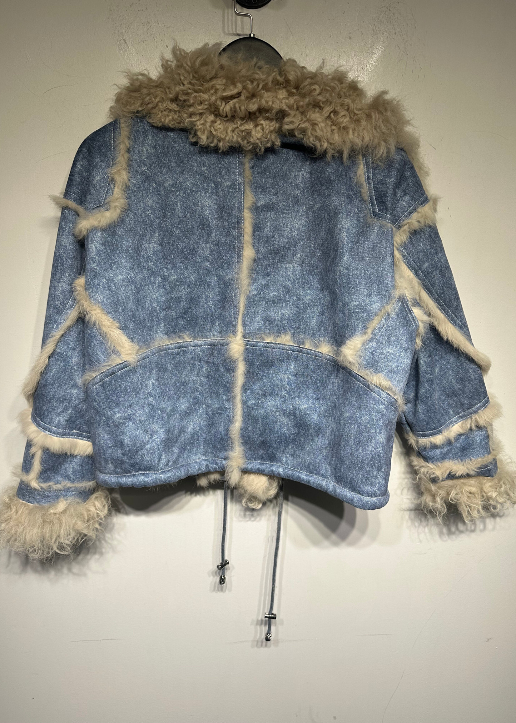 NO Label Faux Fur Denim Printed Crop Jacket M