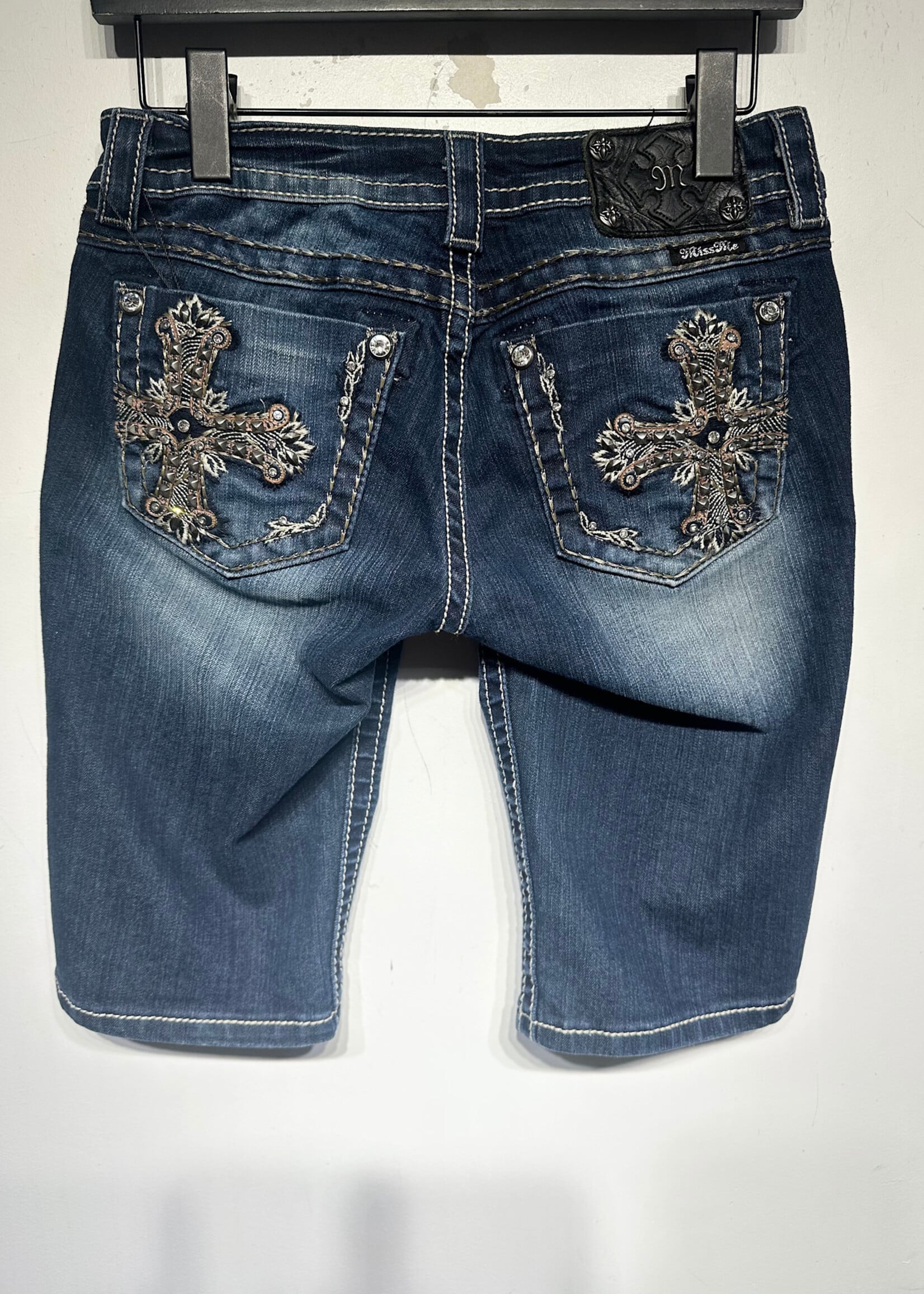 Miss Me Cross Studded Dark Blue Wash Shorts 27