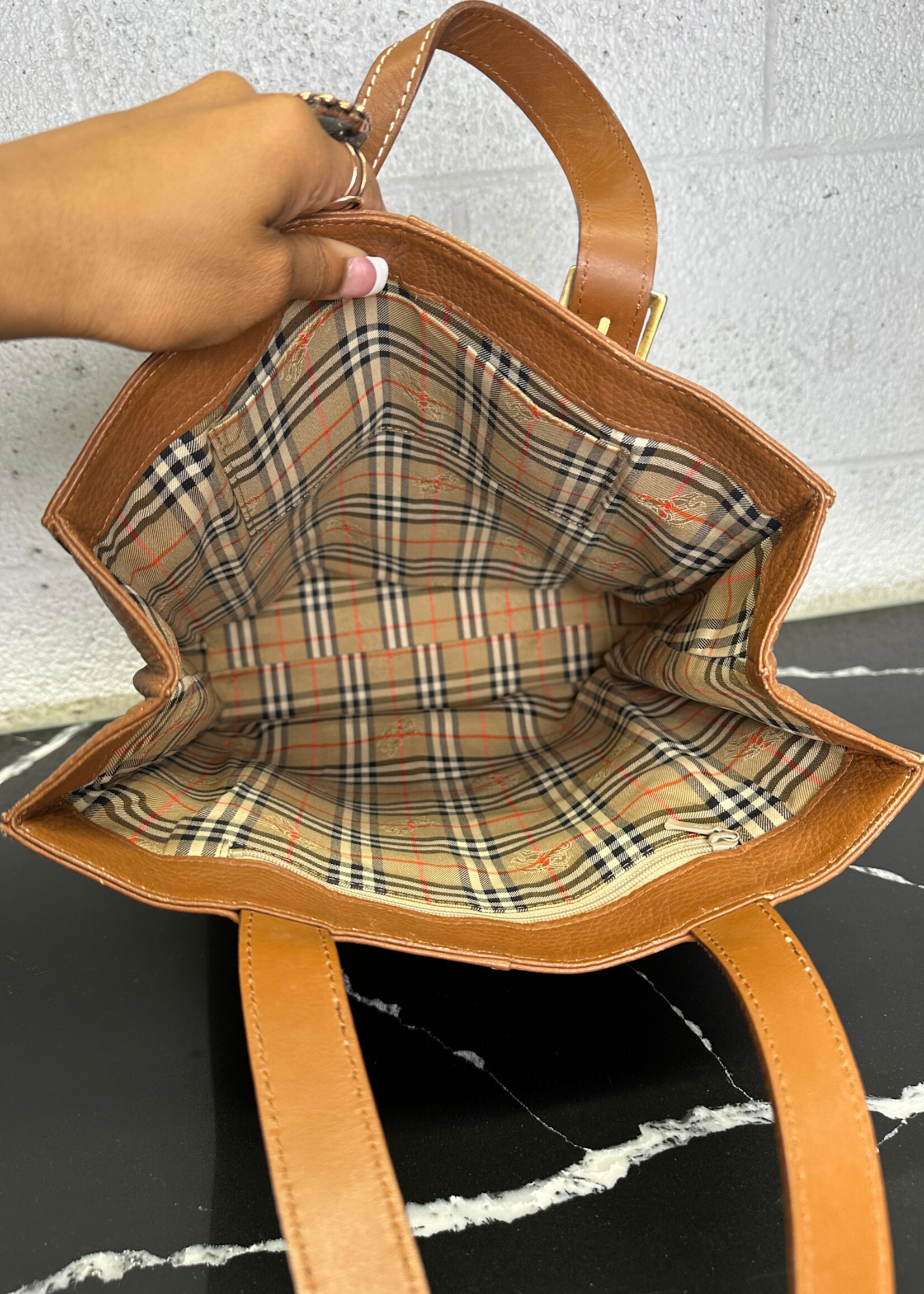 Burberry Brown Leather Nova Check Lined Bag OS As Is