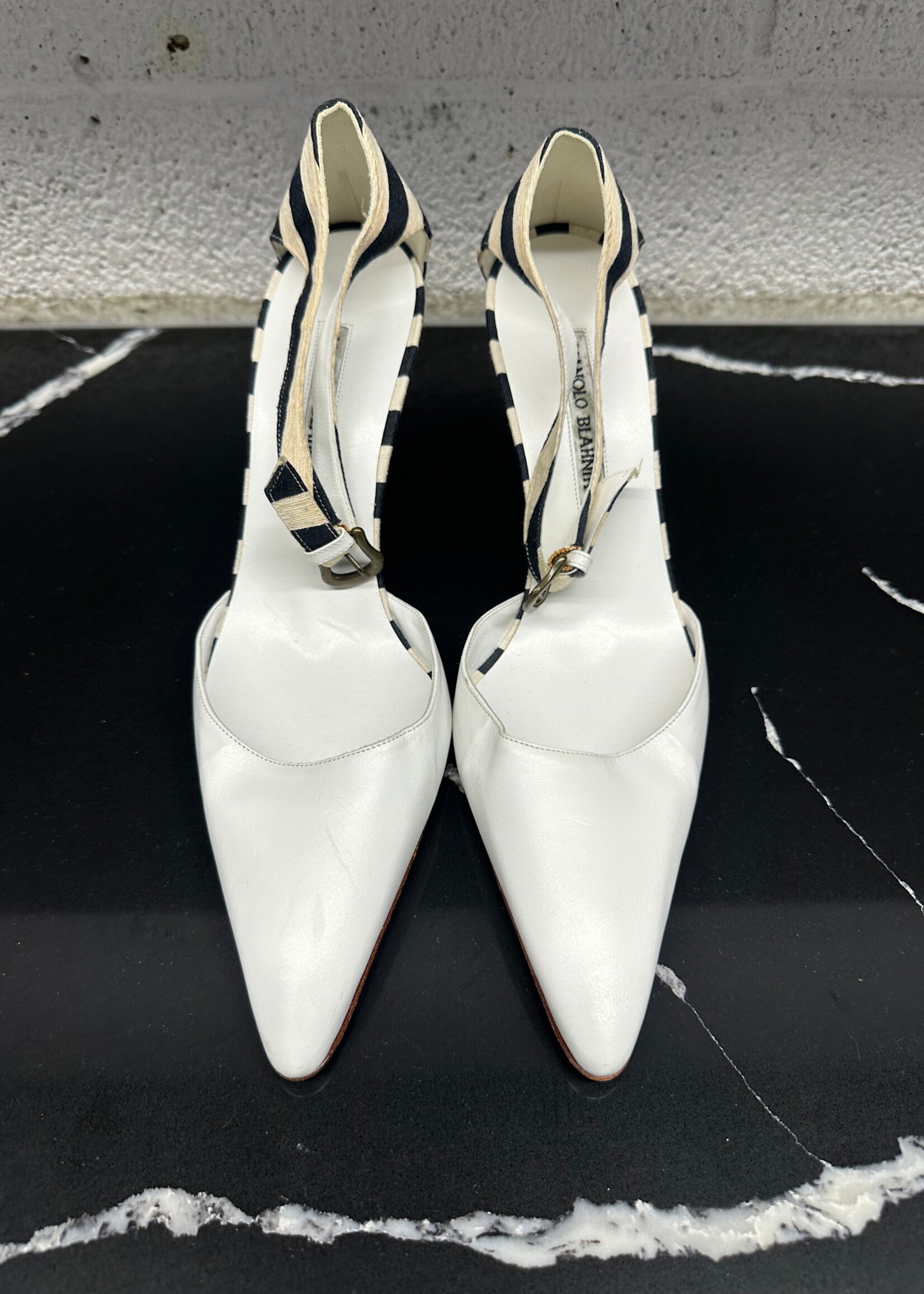 Manolo Blahnik White Striped Heels Fem 9 AS IS