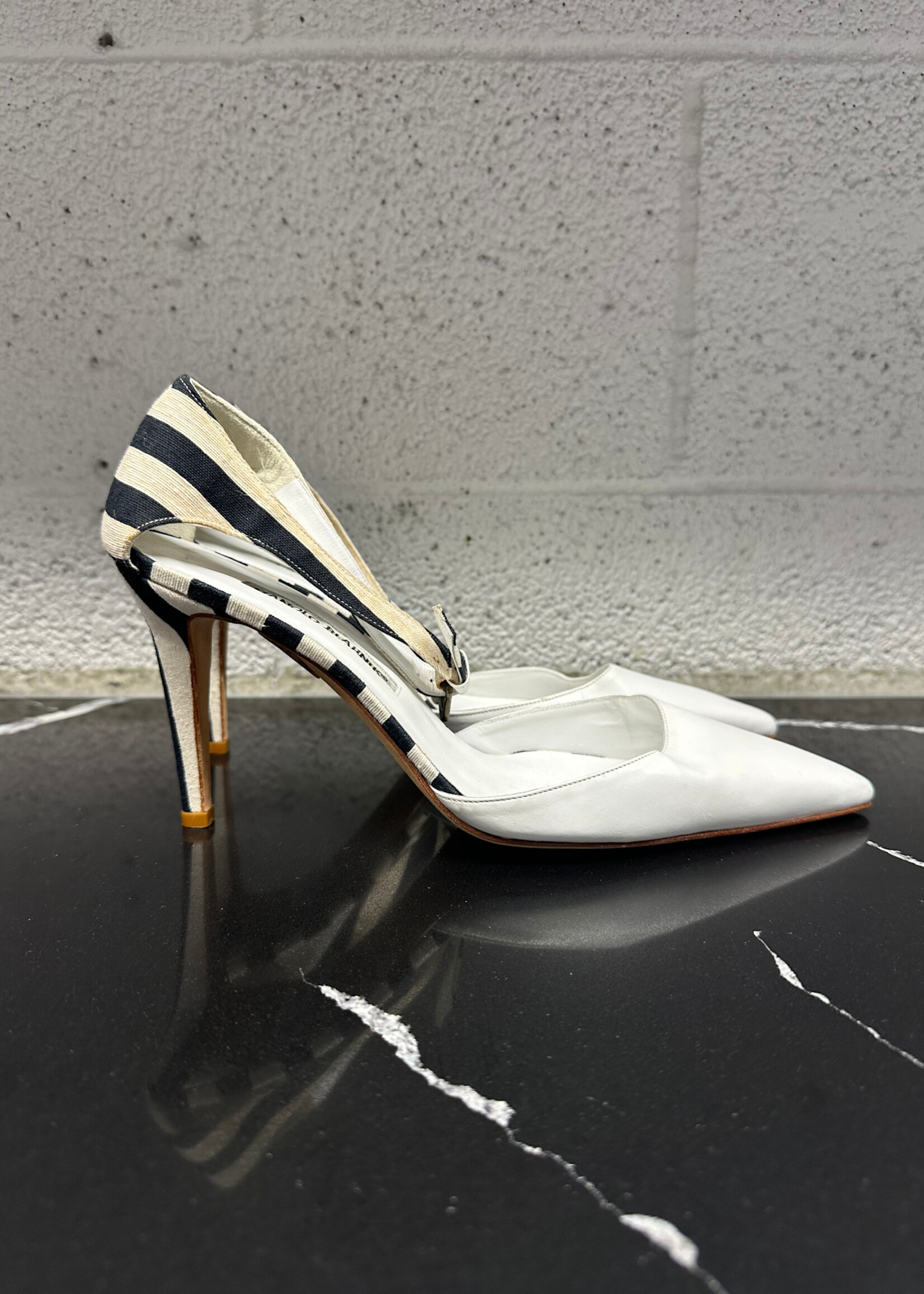 Manolo Blahnik White Striped Heels Fem 9 AS IS