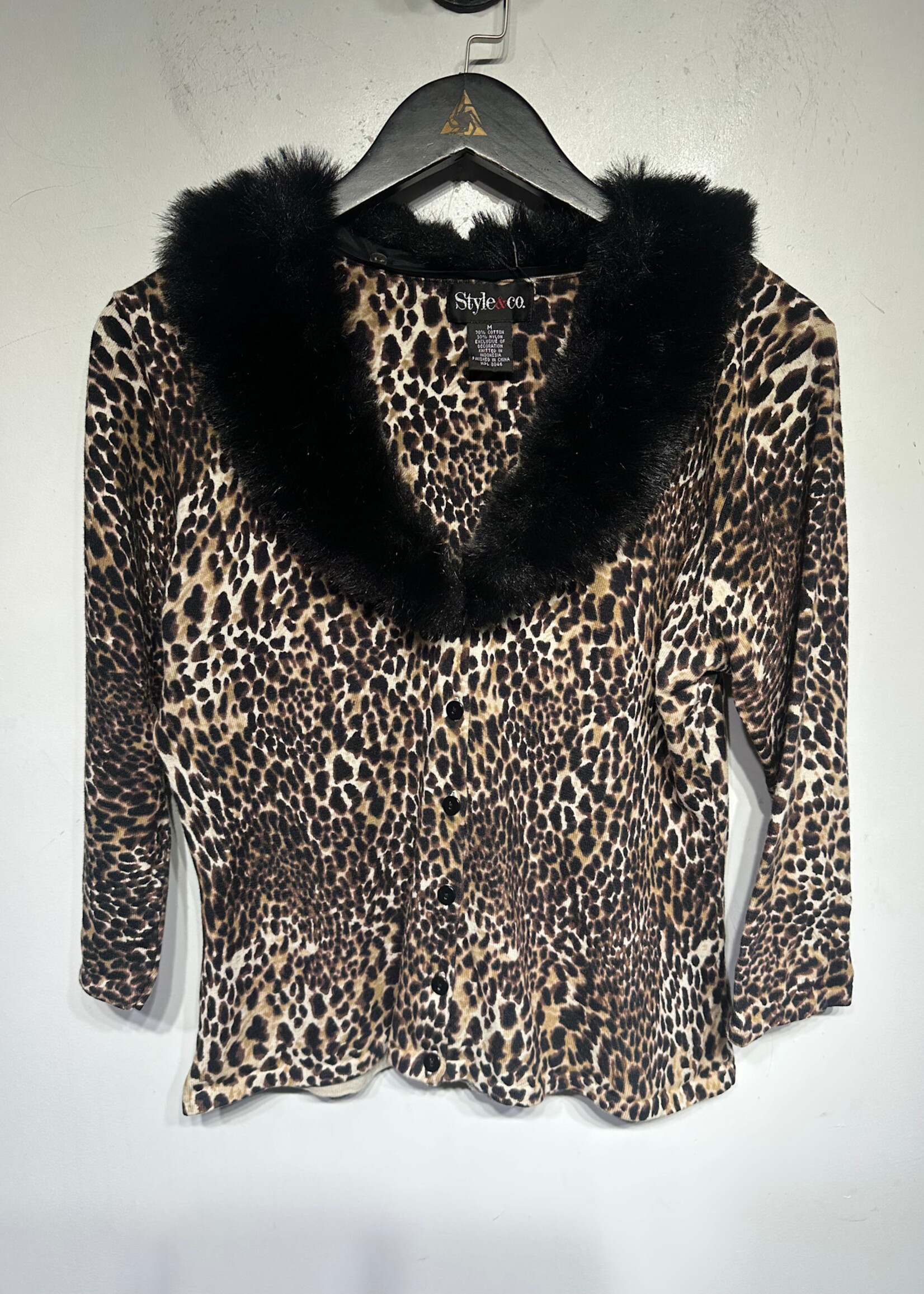 Style&Co Cheetah Faux Fur Trim Cardigan M Fem