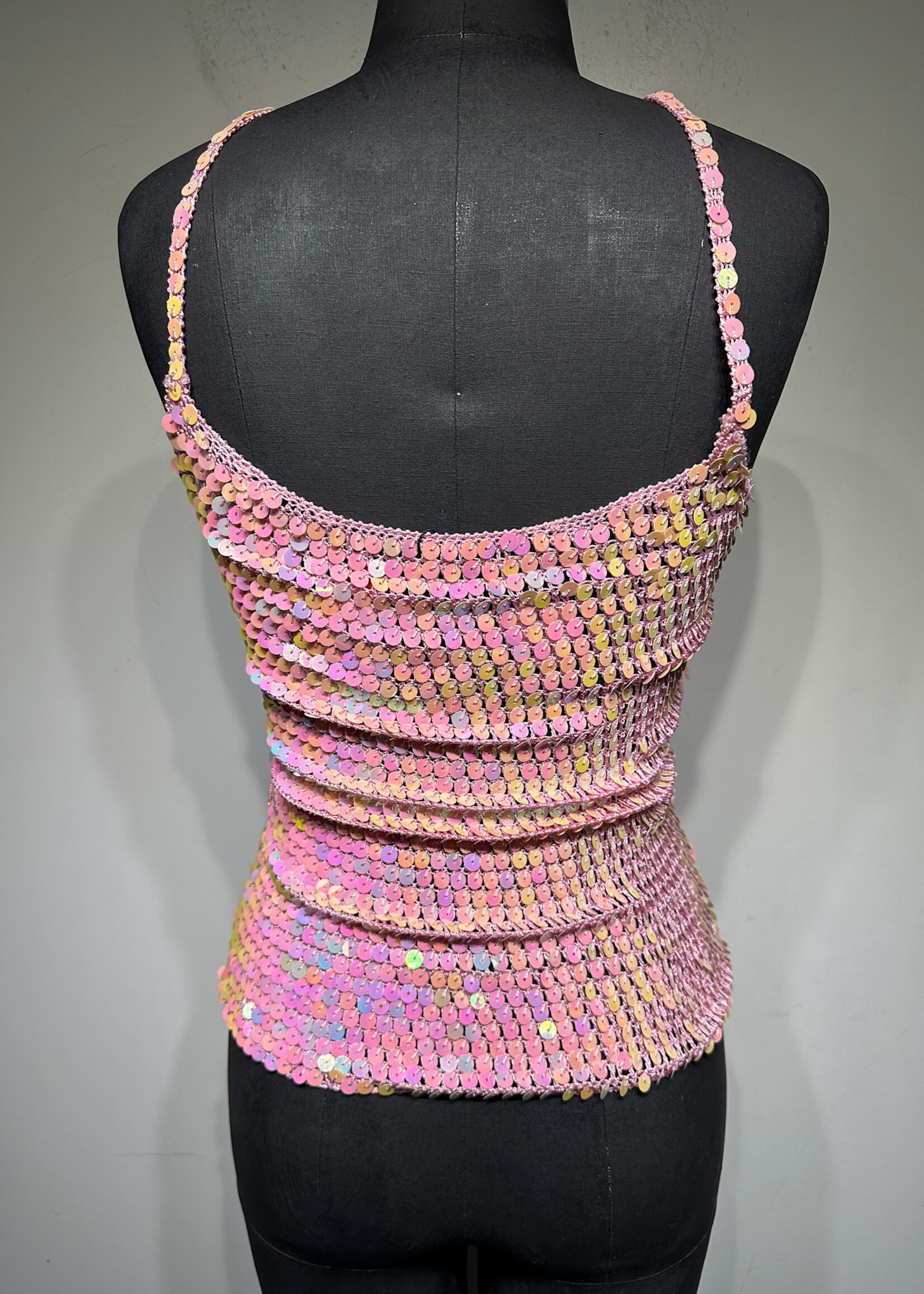 XI PINK CROCHET BEADED FRINGE TOP M