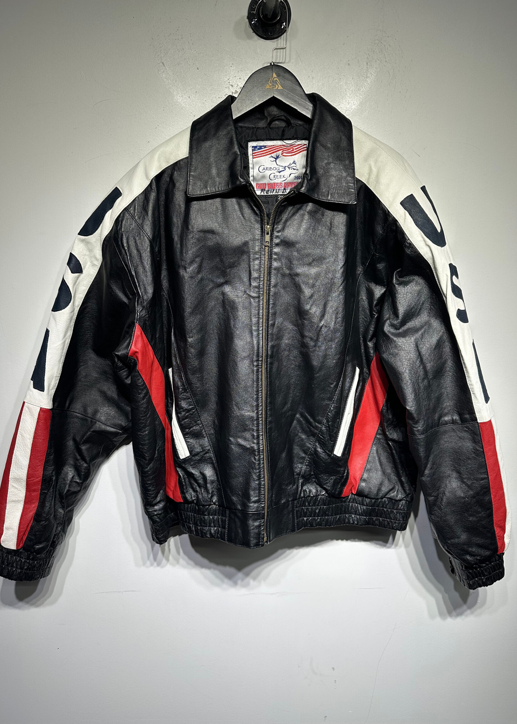 USA Black Leather Flag Jacket Fits Masc XL
