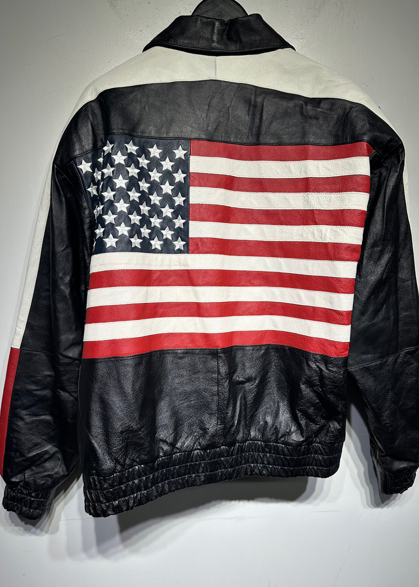 USA Black Leather Flag Jacket Fits Masc XL
