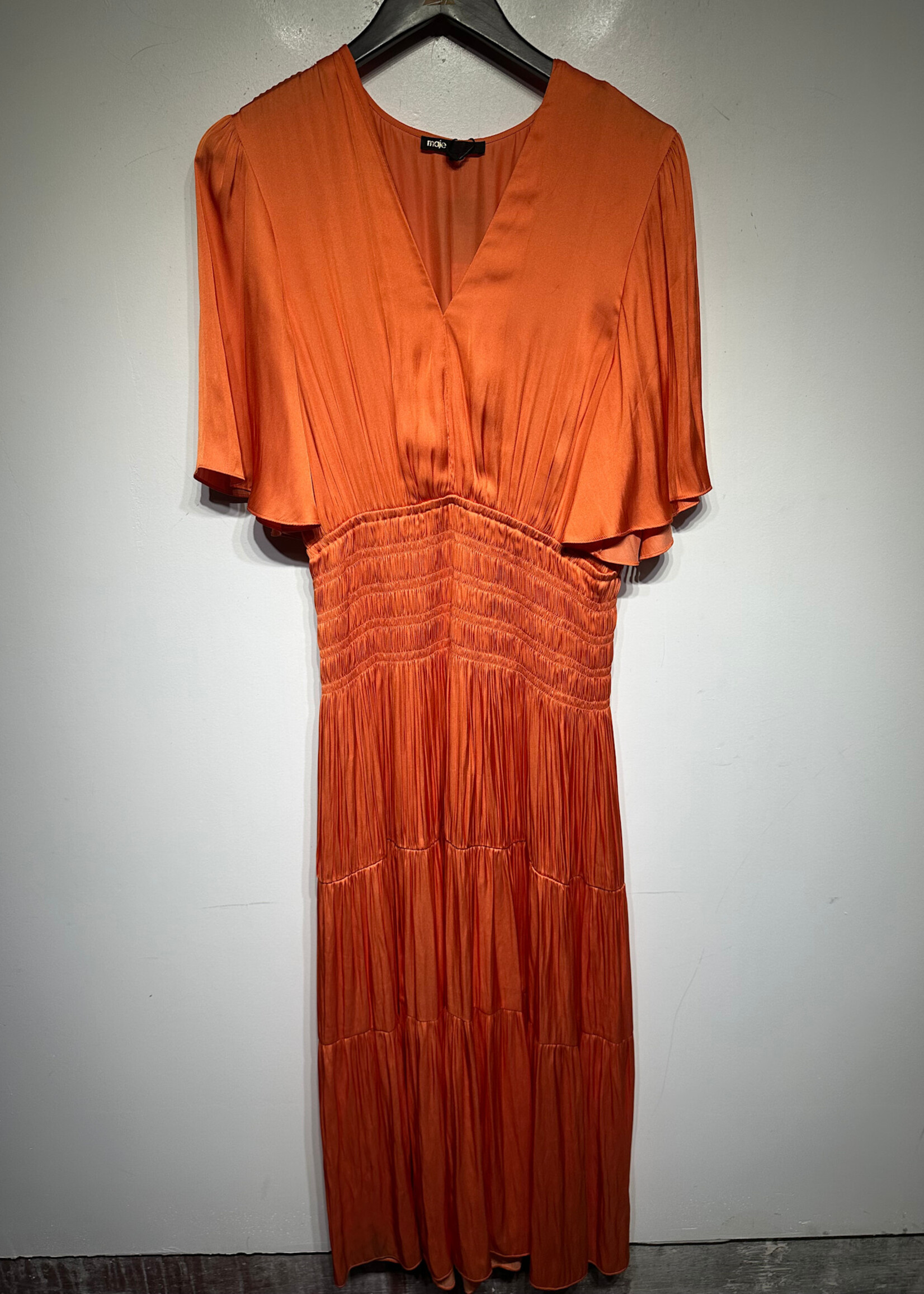 Maje Orange Pleated Ruffle Maxi Dress M