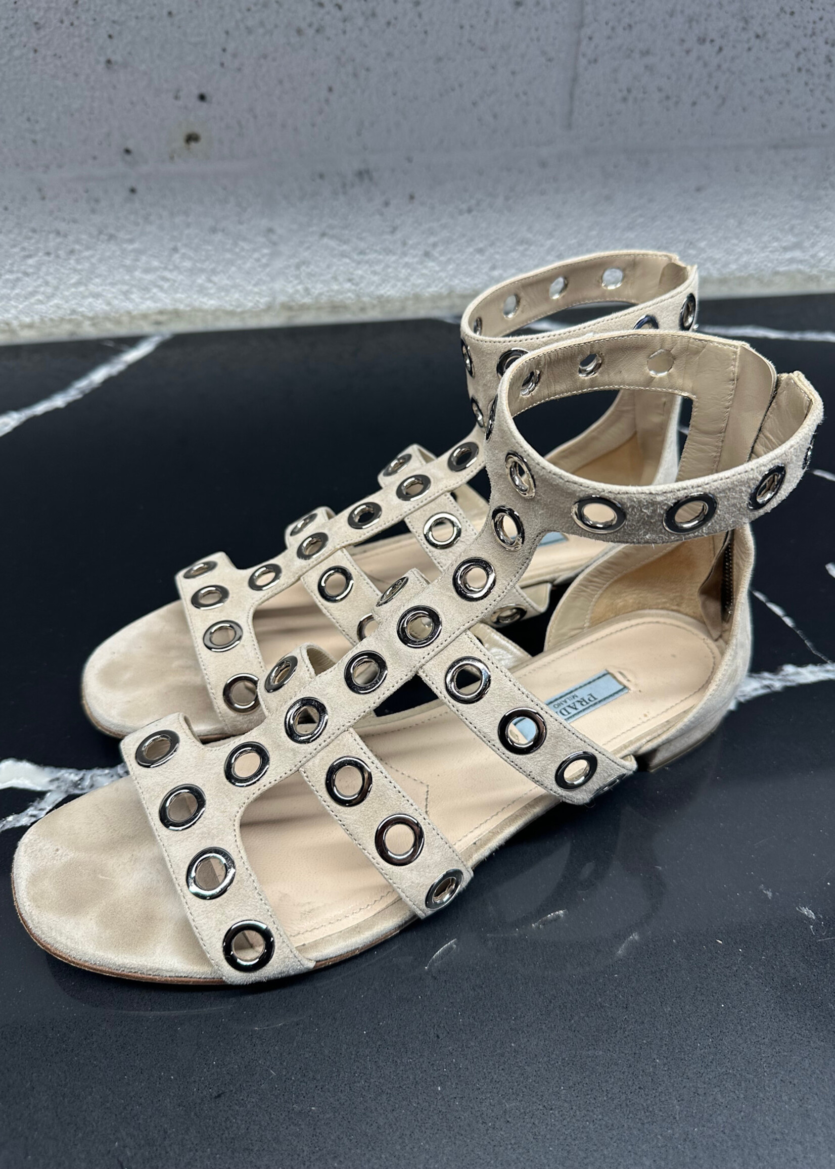 Prada Grey Suede Grommet Gladiator Flats 9
