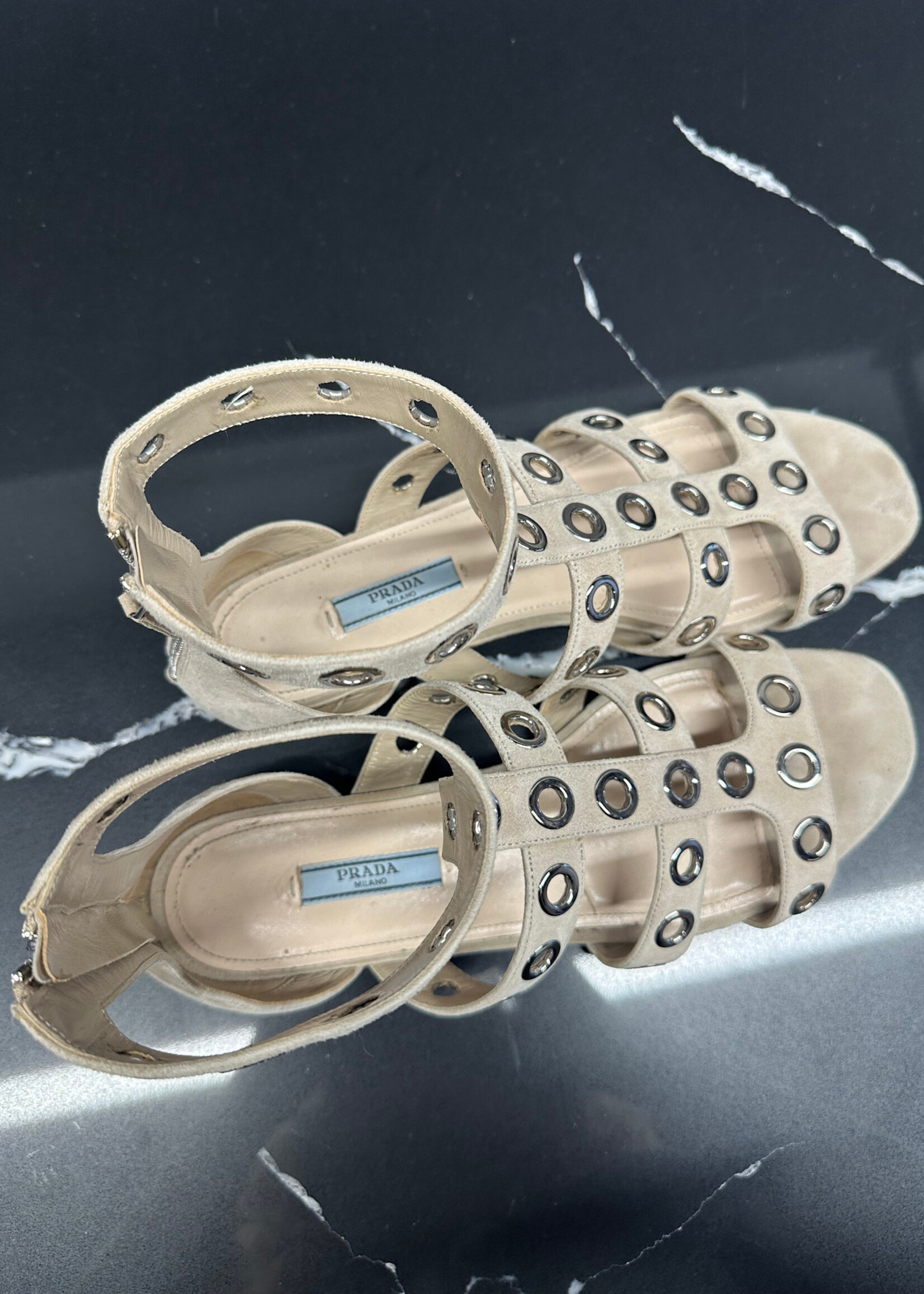 Prada Grey Suede Grommet Gladiator Flats 9