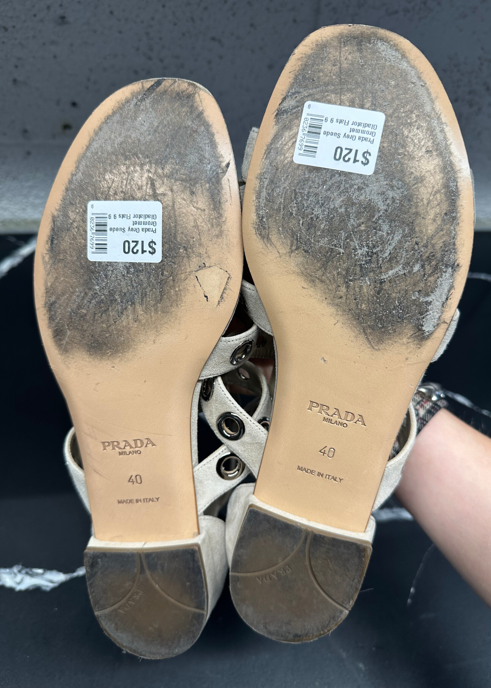 Prada Grey Suede Grommet Gladiator Flats 9