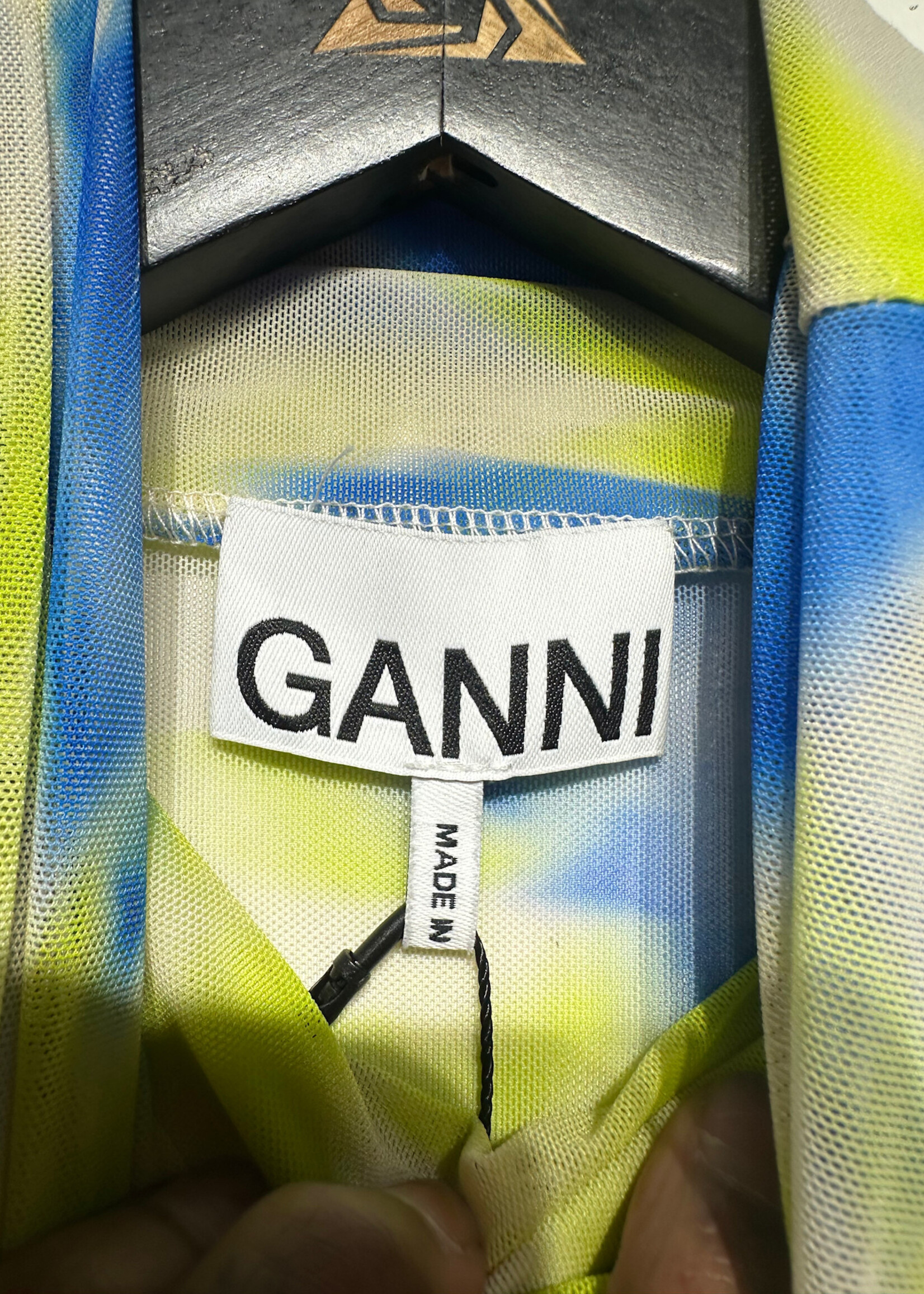 Ganni Sheer LS Yellow / Blue Mesh Top Fem M