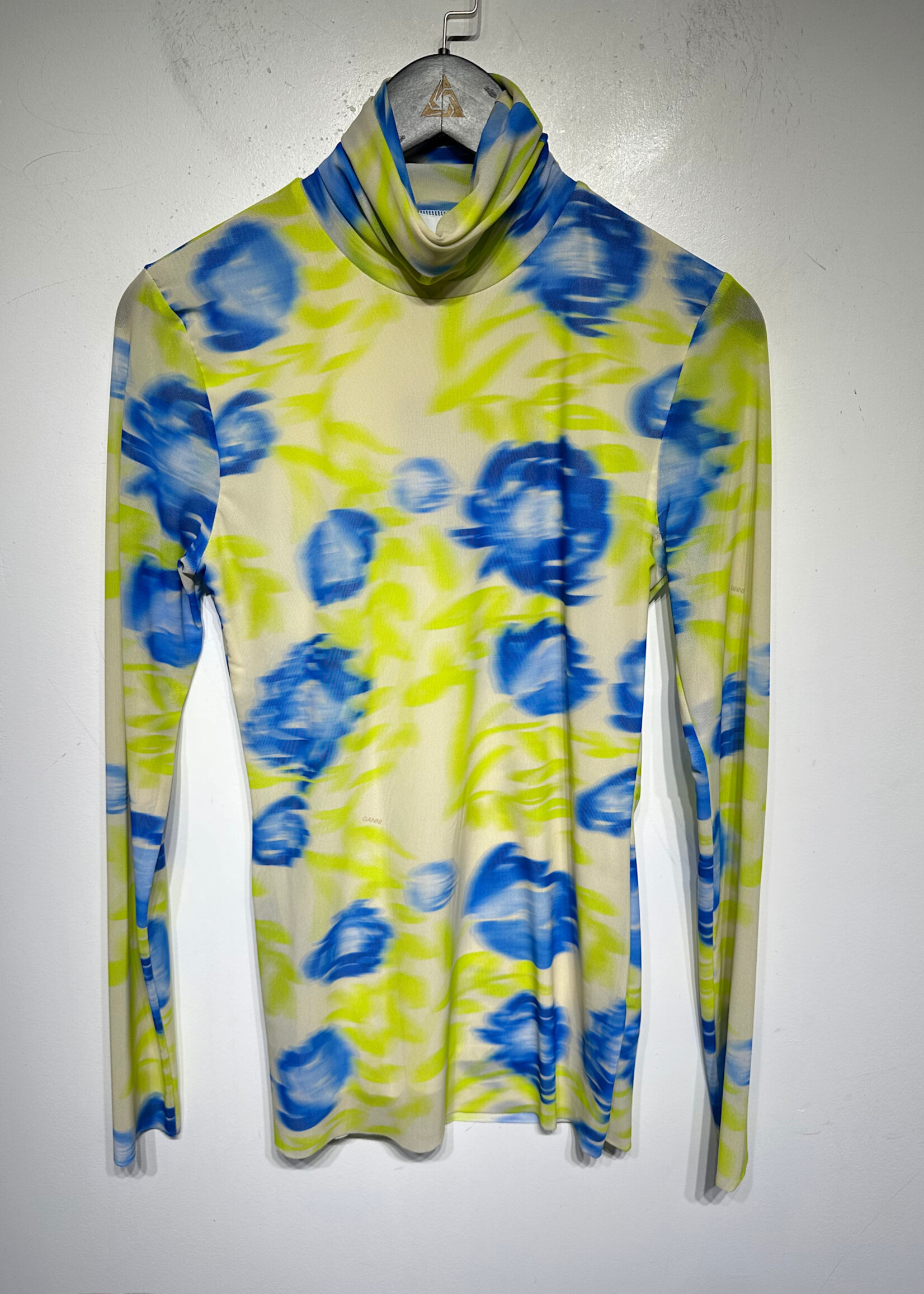 Ganni Sheer LS Yellow / Blue Mesh Top Fem M