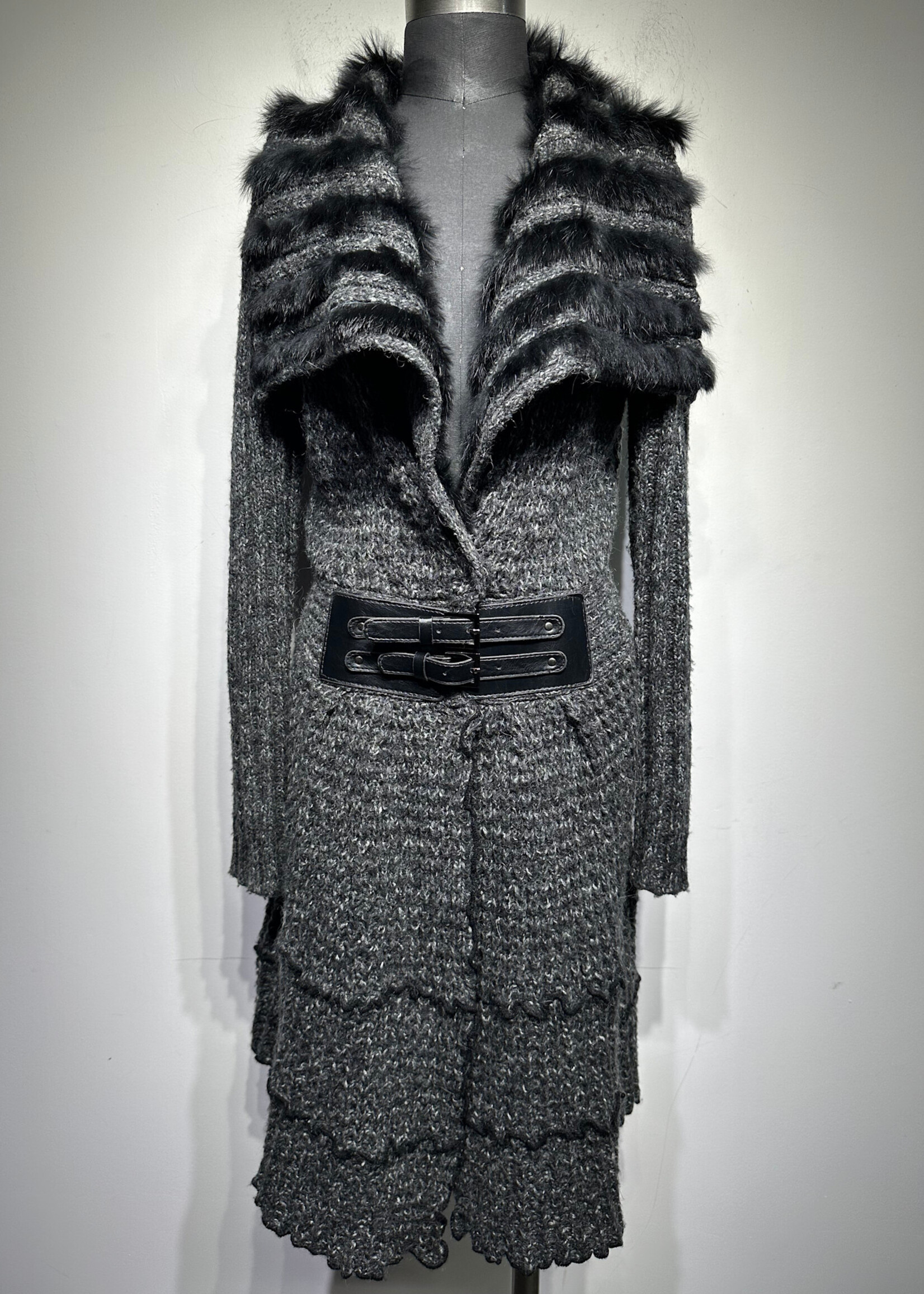 Carima Black Wool Fringe Trim Long Cardigan M
