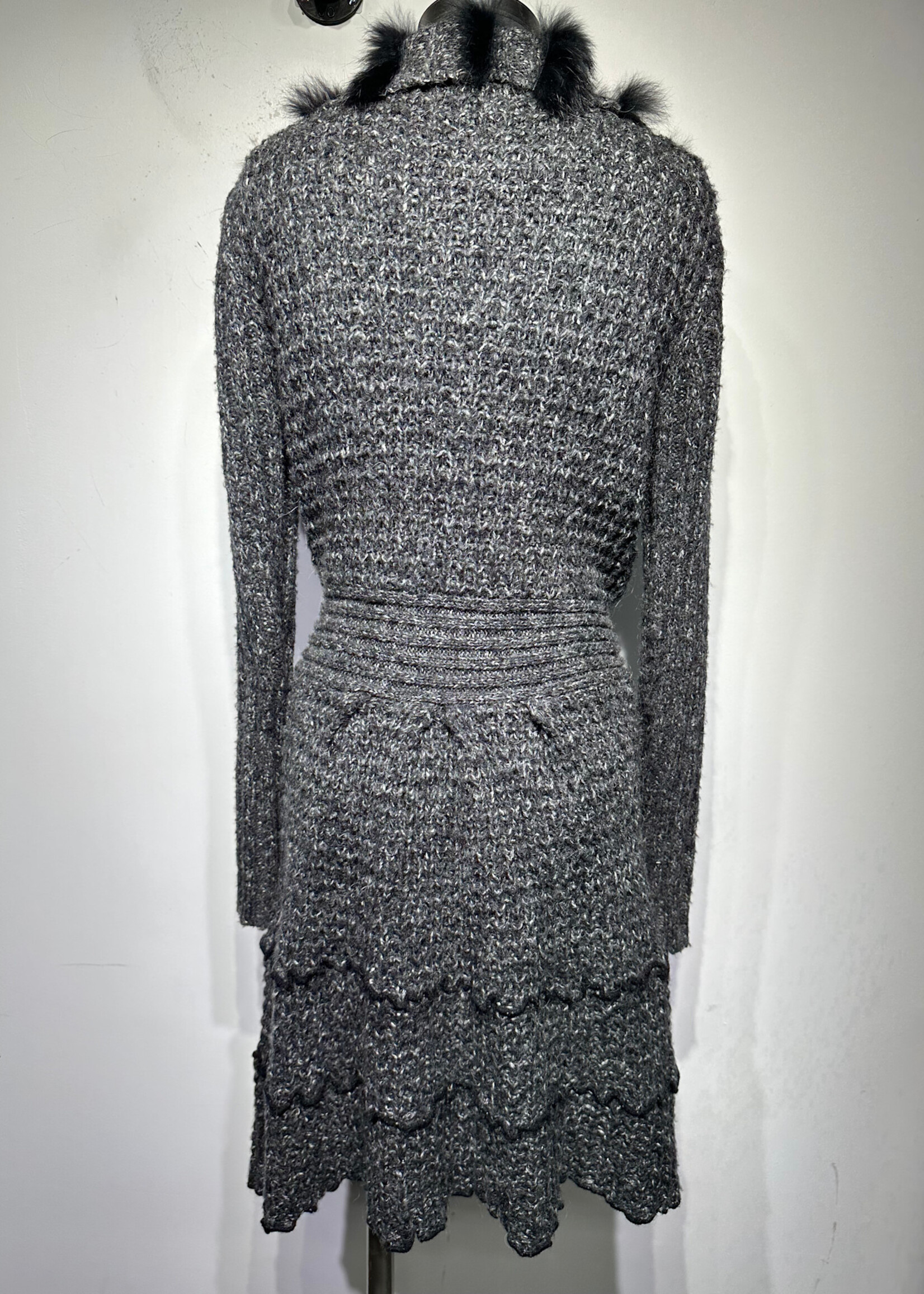 Carima Black Wool Fringe Trim Long Cardigan M