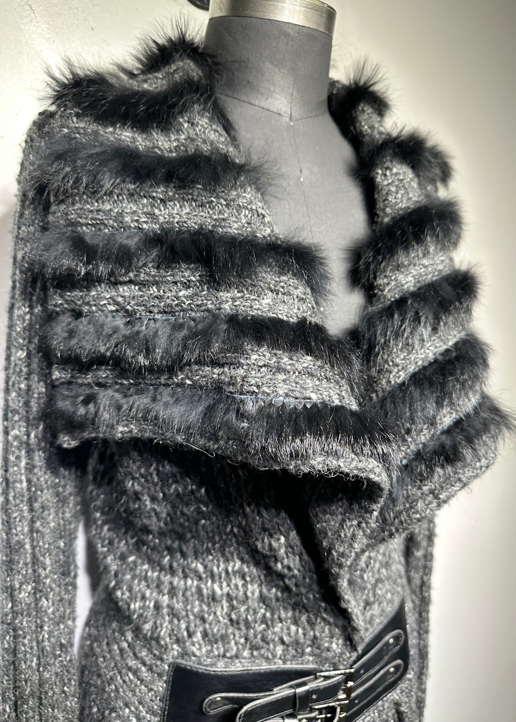 Carima Black Wool Fringe Trim Long Cardigan M