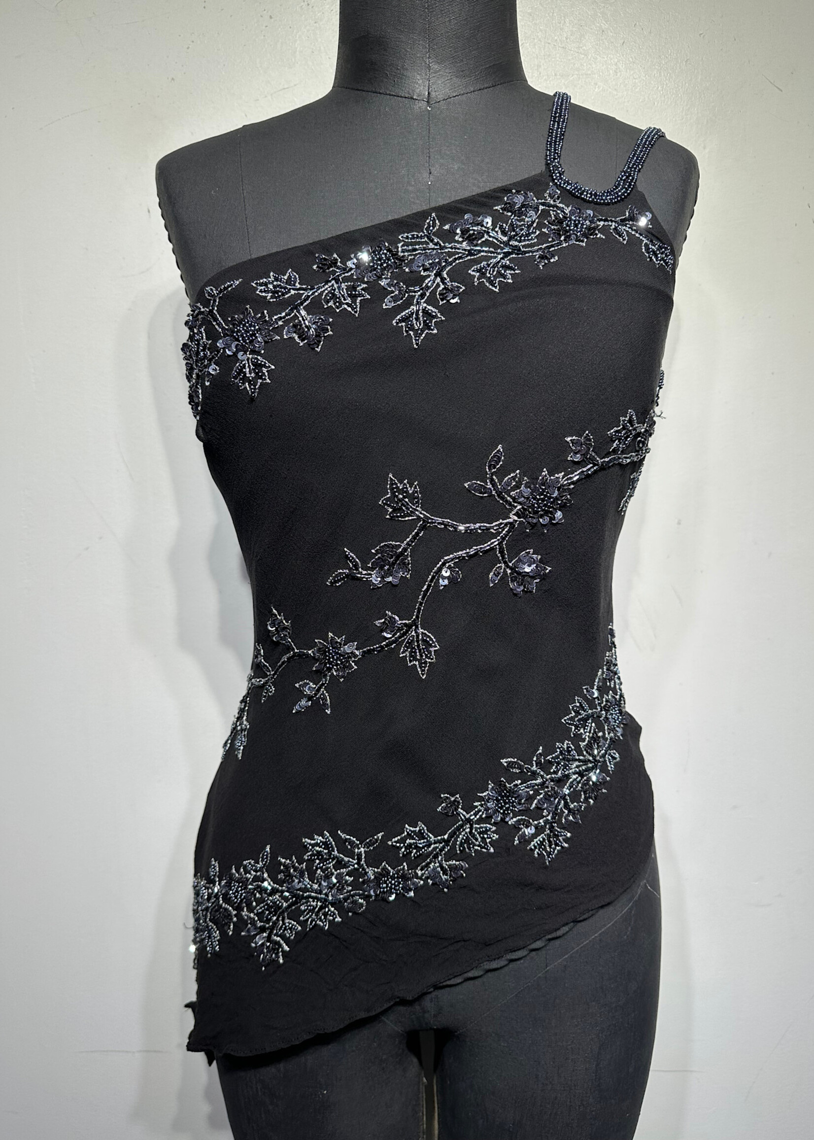 Scala Black Silk Embellished One Strap Tank S