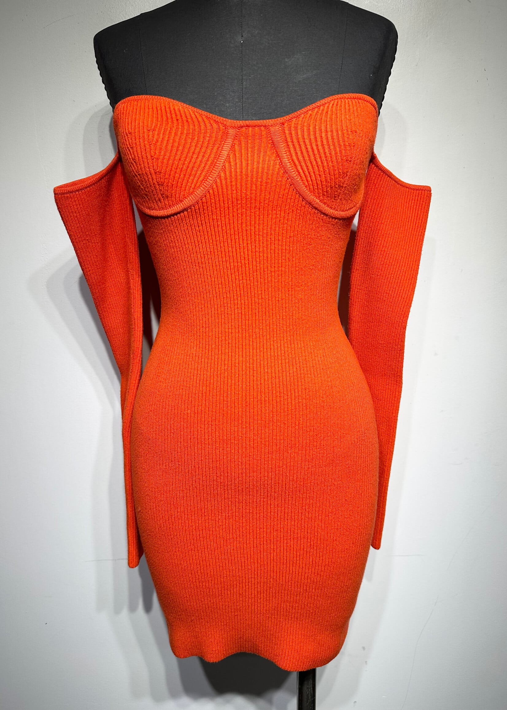 Helmut Lang Orange Ribbed Off Shoulder Dress S
