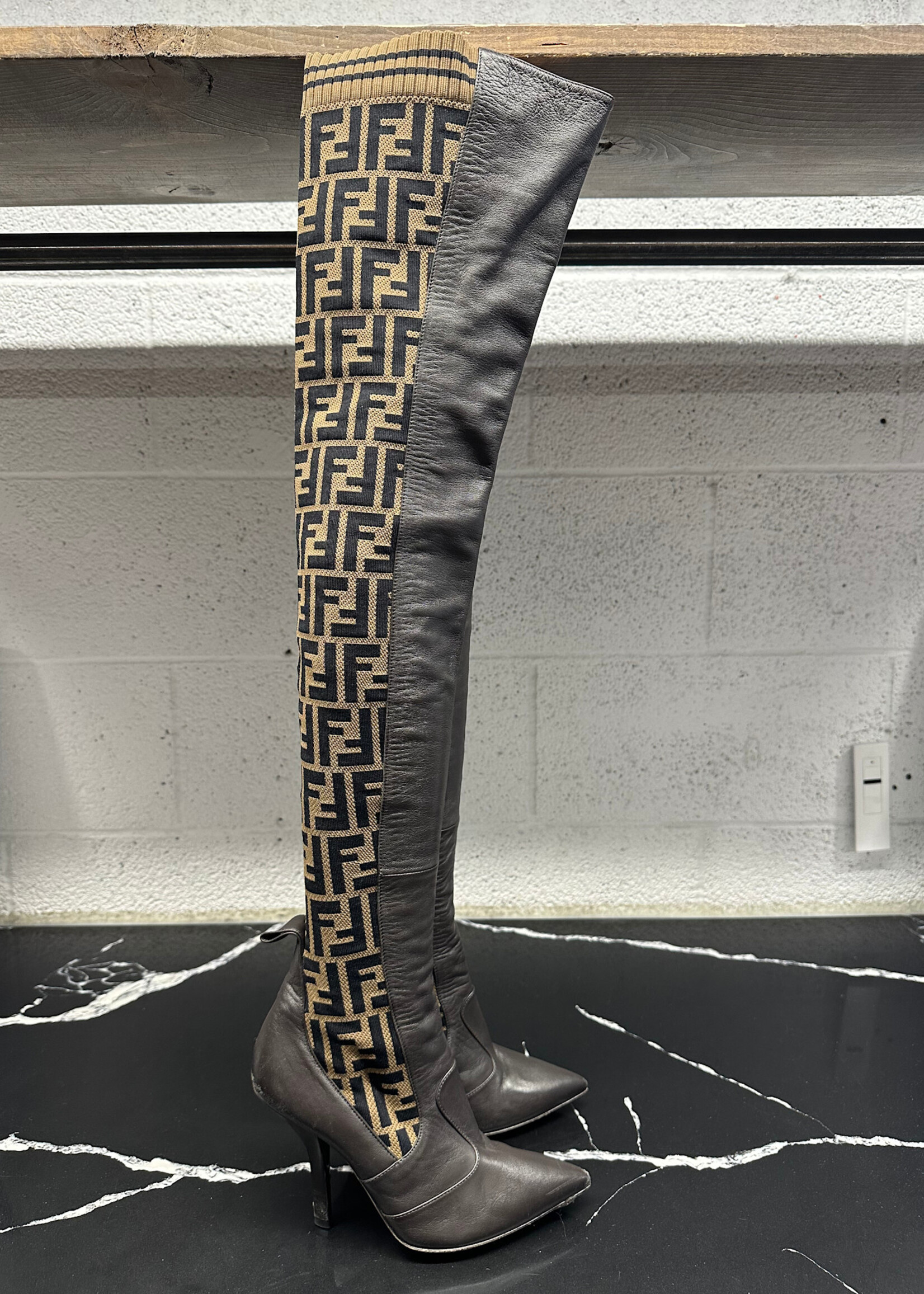 Fendi Zucca Thigh Hi Heels 37.5/7.5 AS IS