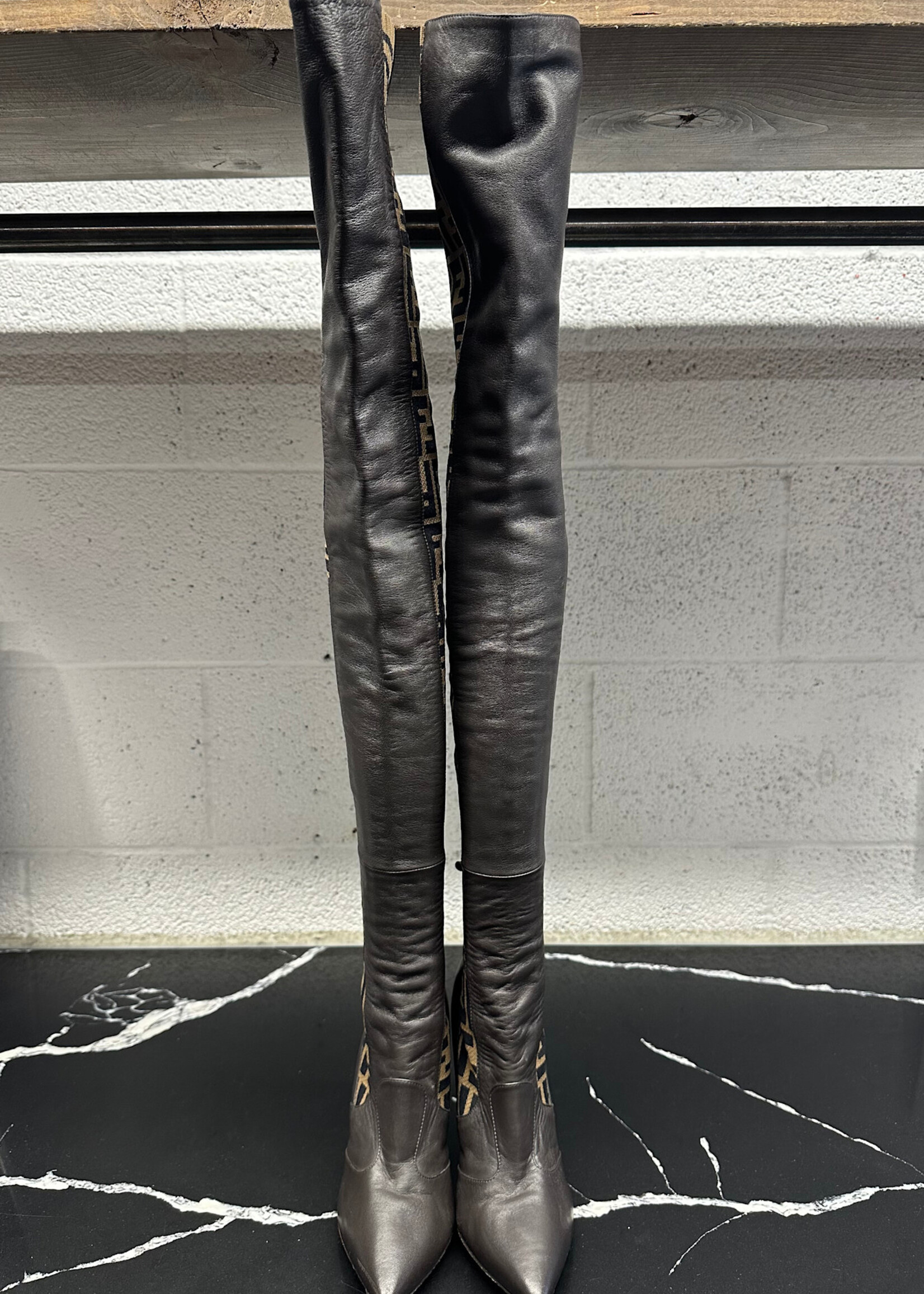 Fendi Zucca Thigh Hi Heels 37.5/7.5 AS IS
