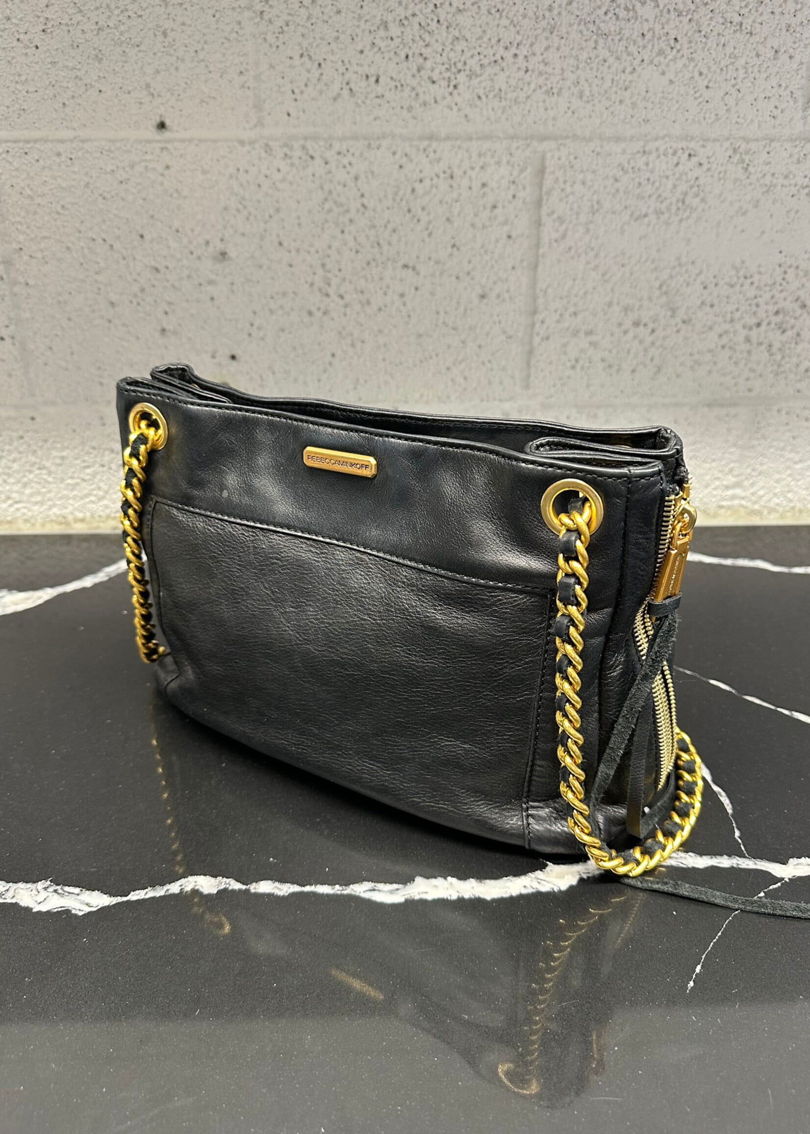 REBECCA MINKOFF BLACK/GOLD LEATHER BAG