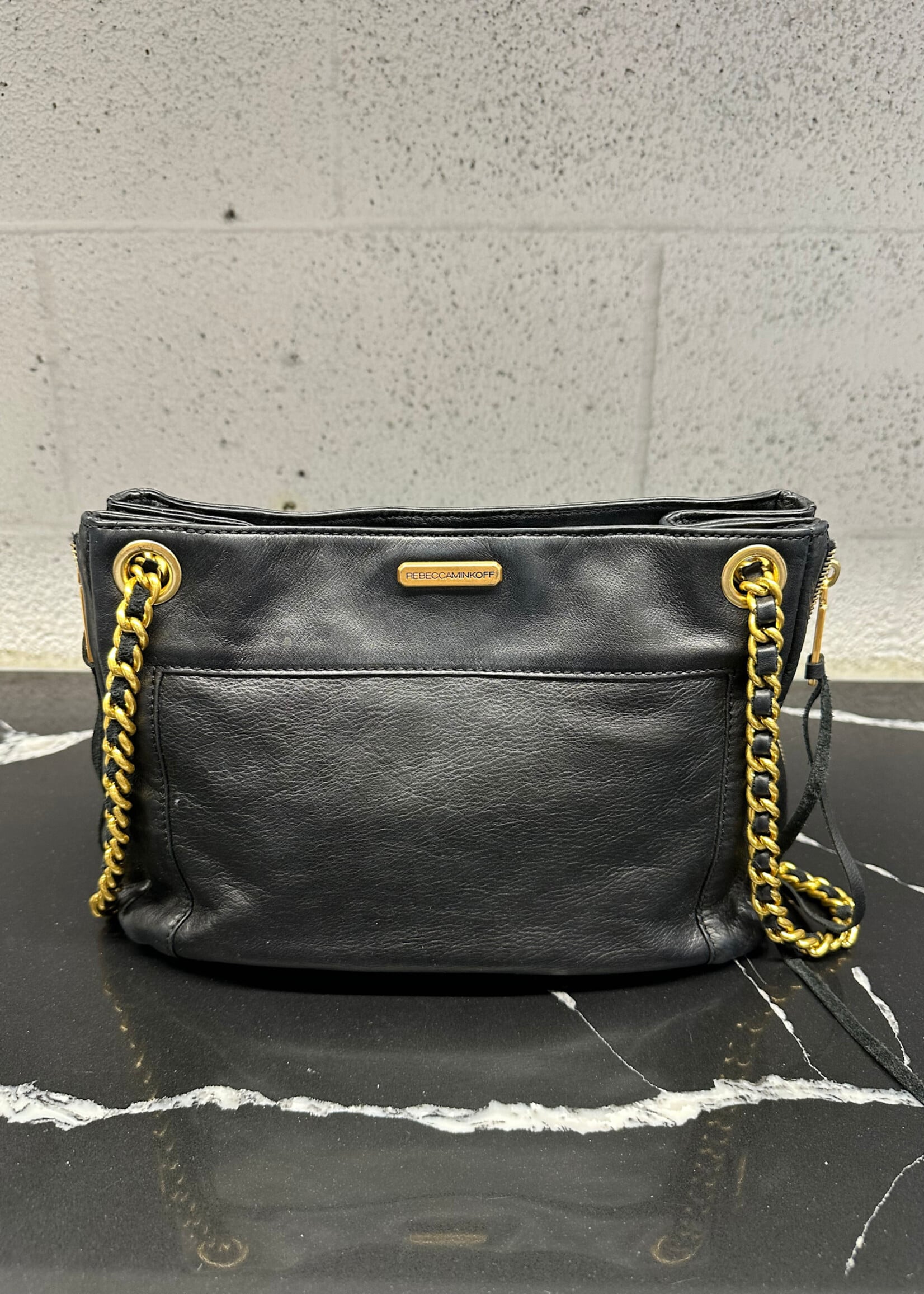 REBECCA MINKOFF BLACK/GOLD LEATHER BAG