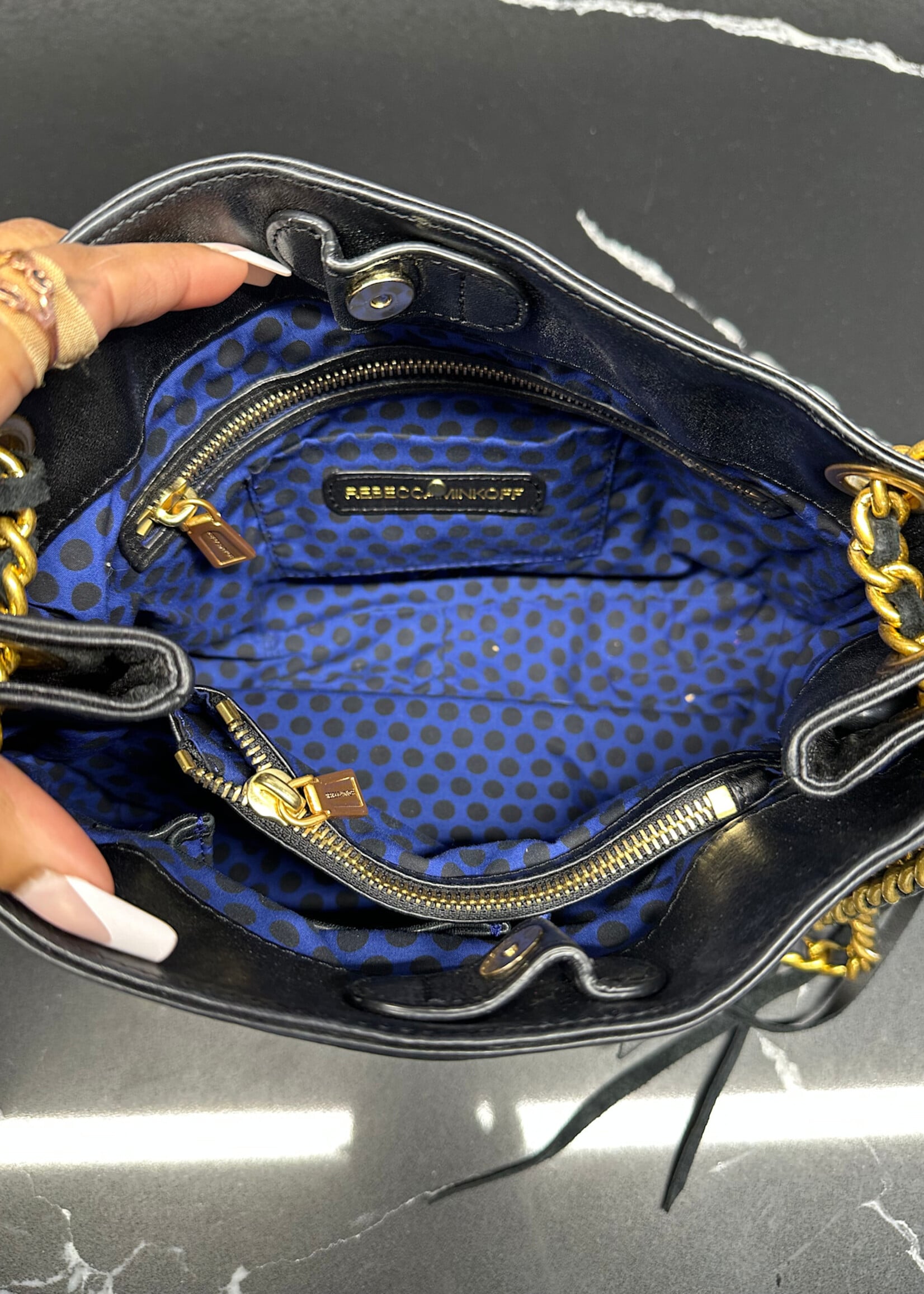 REBECCA MINKOFF BLACK/GOLD LEATHER BAG