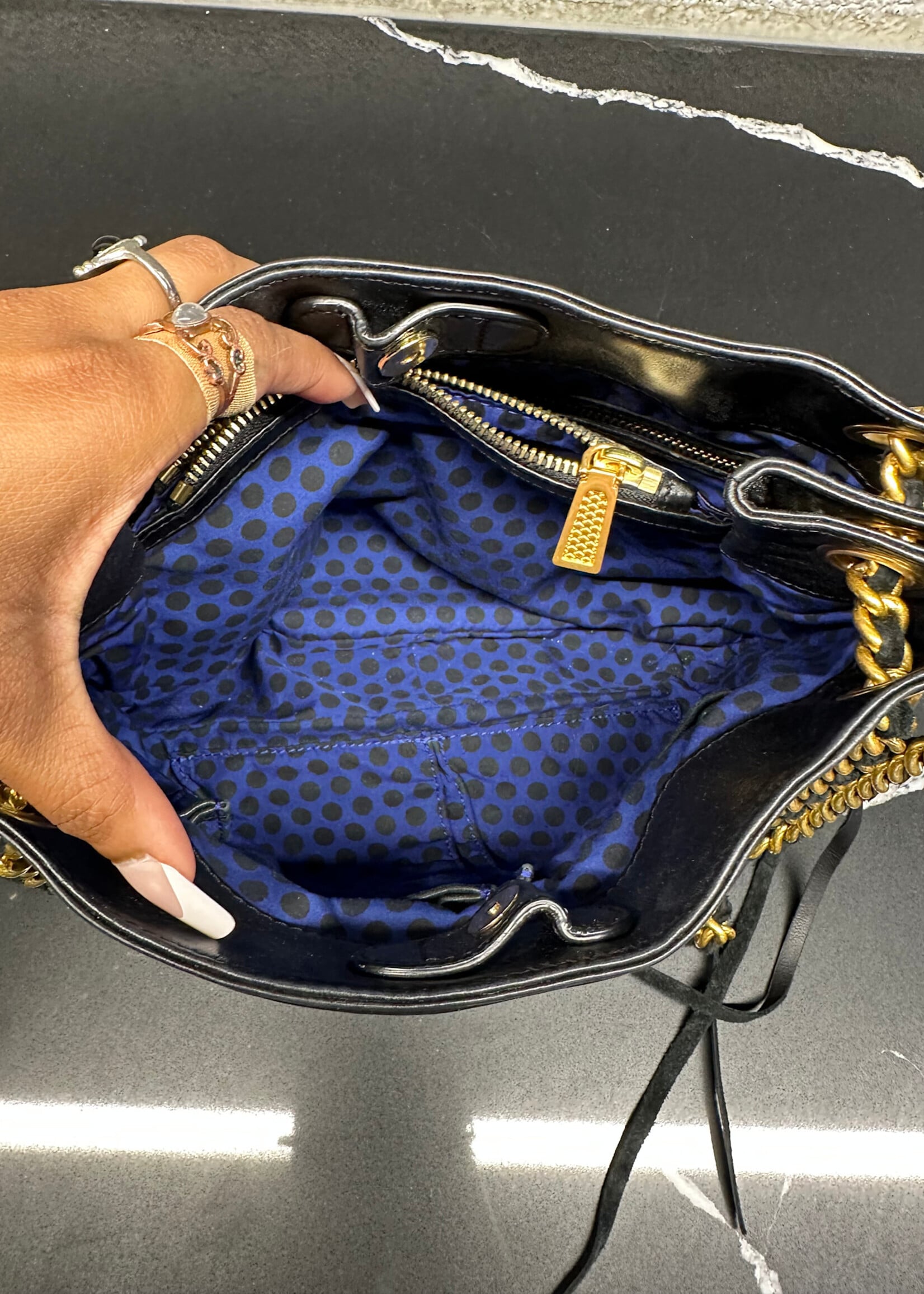 REBECCA MINKOFF BLACK/GOLD LEATHER BAG