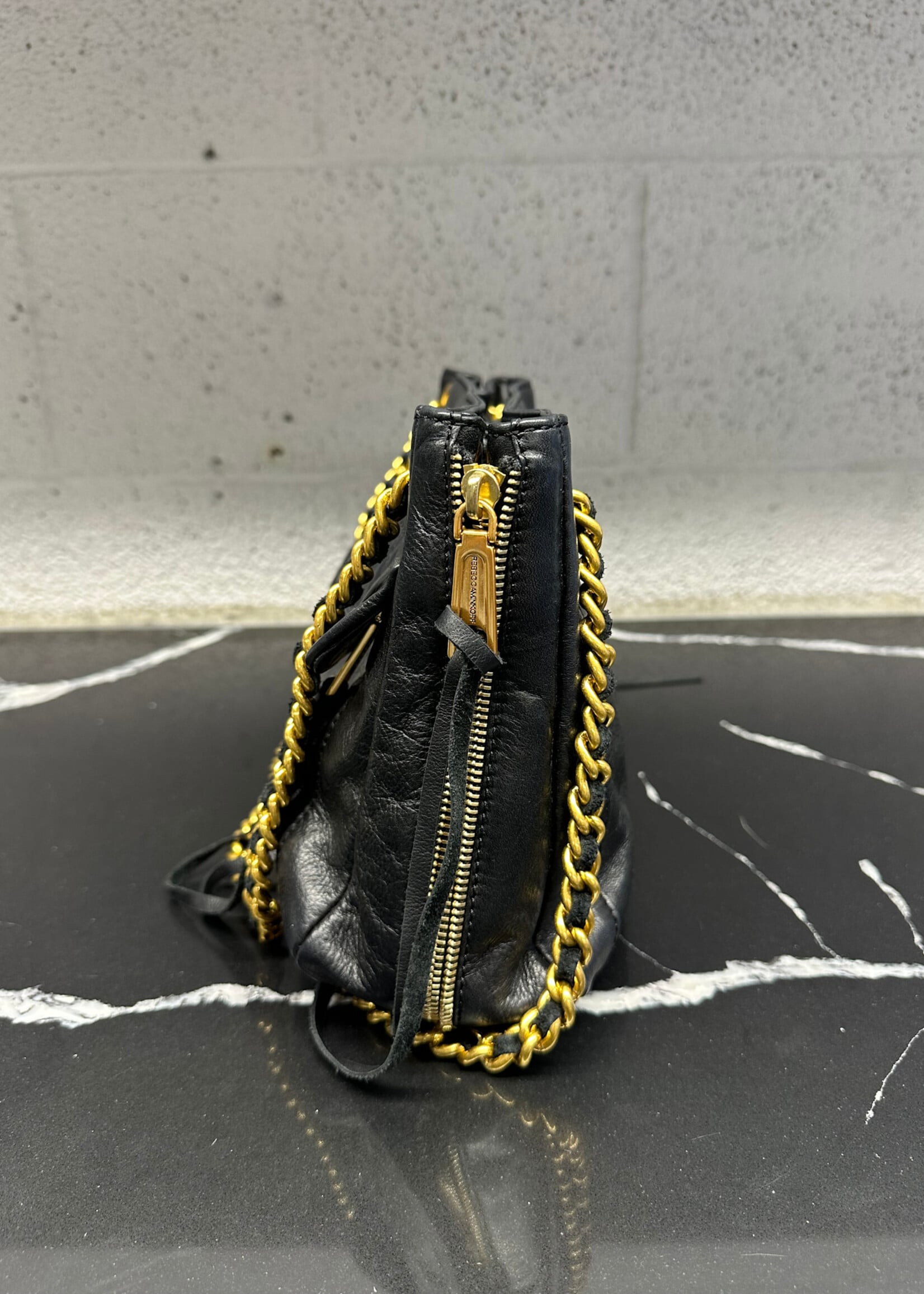 REBECCA MINKOFF BLACK/GOLD LEATHER BAG