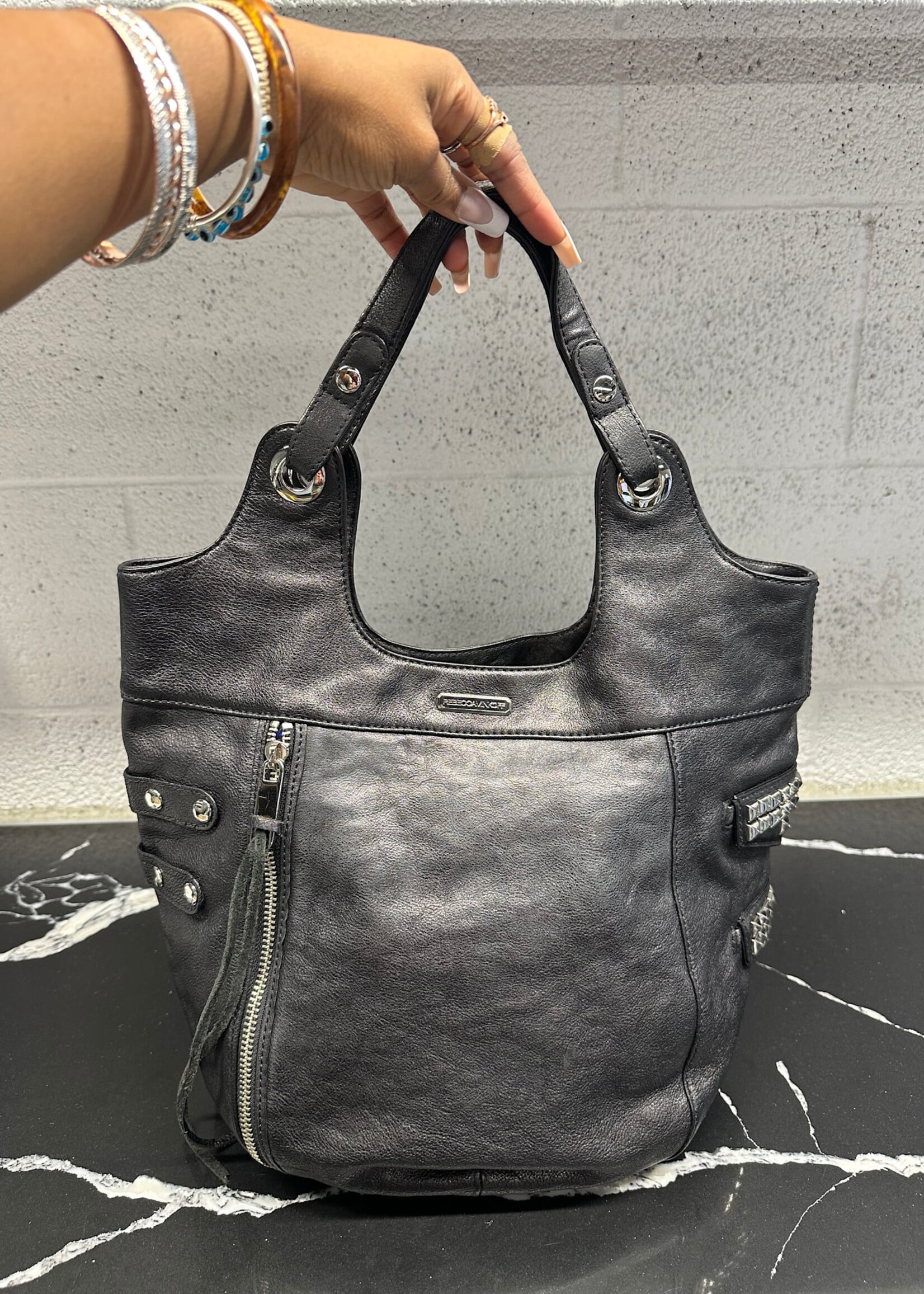 REBECCA MINKOFF BLACK LEATHER STUDDED BAG
