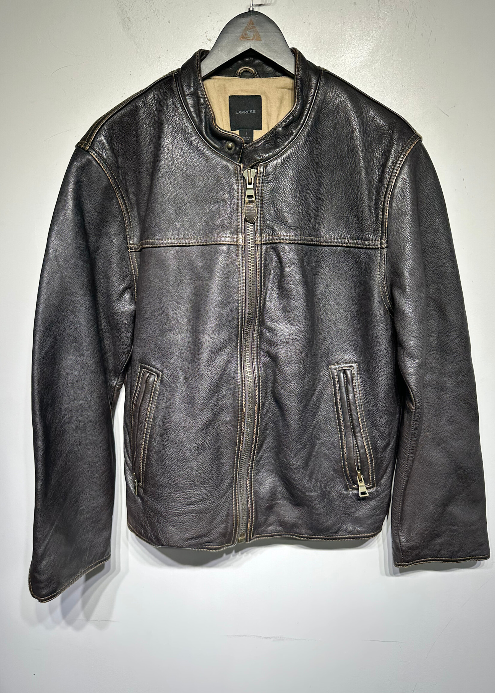 Express Brown Leather Racer Jacket M
