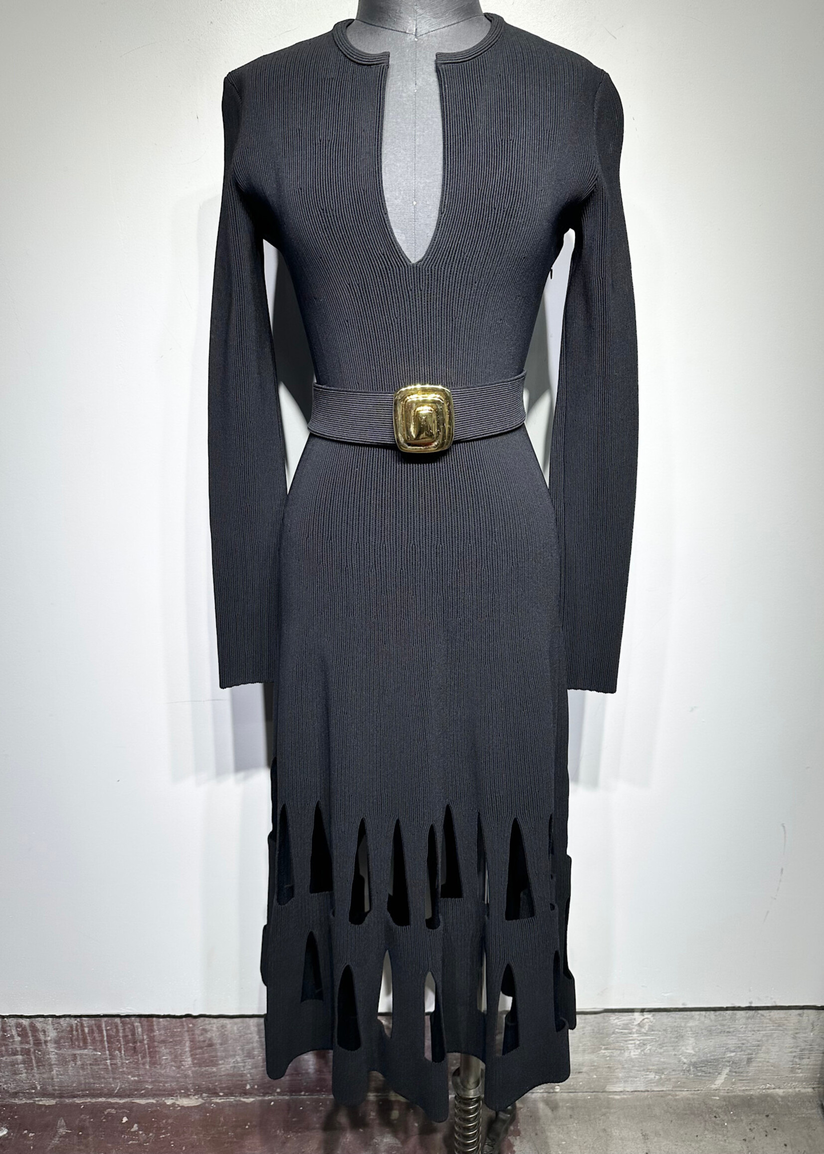 St John Black Cutout LS Belted Dress 36/S