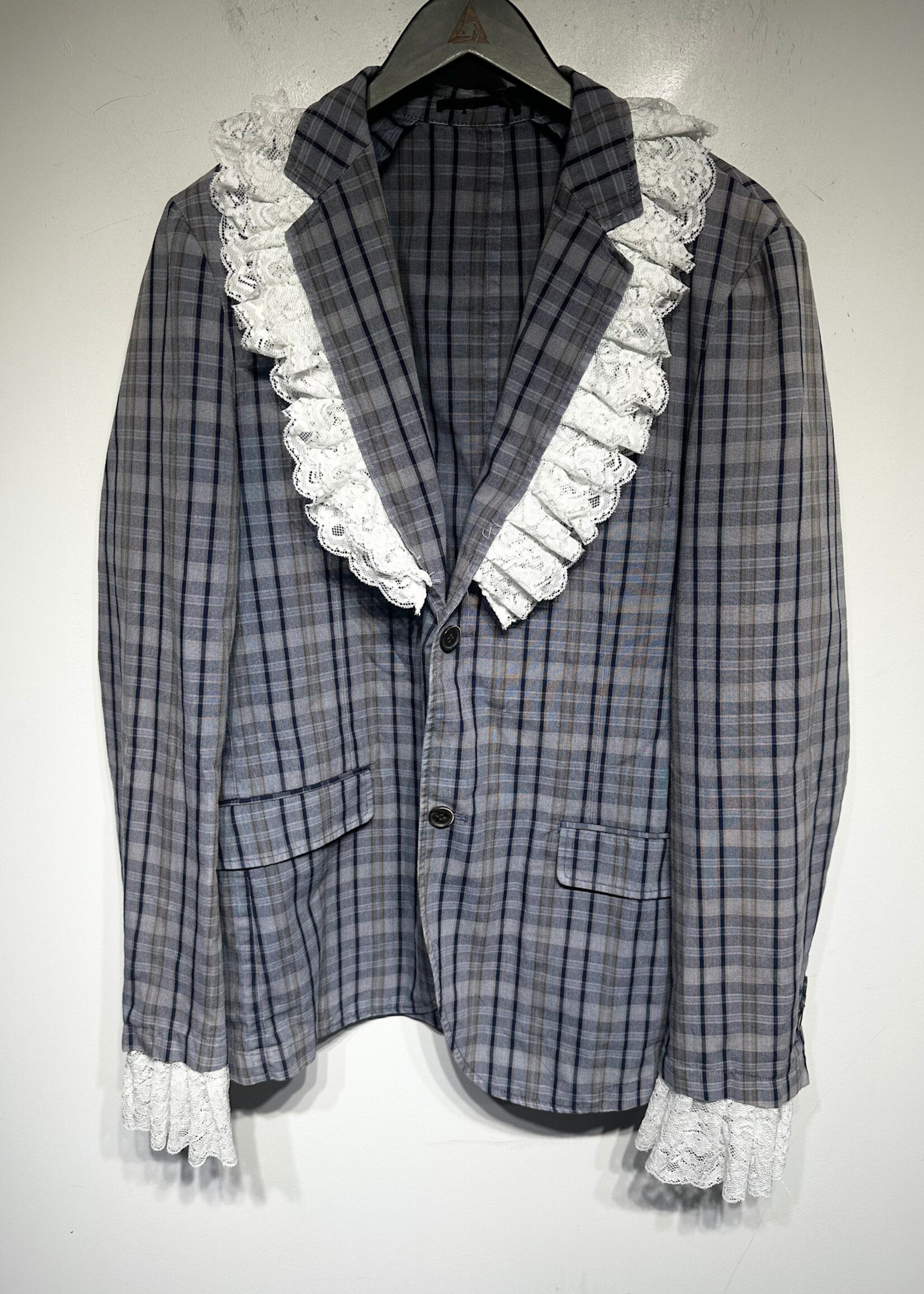 Wash And Wear Blue White Plaid Lace Blazer Fem XL