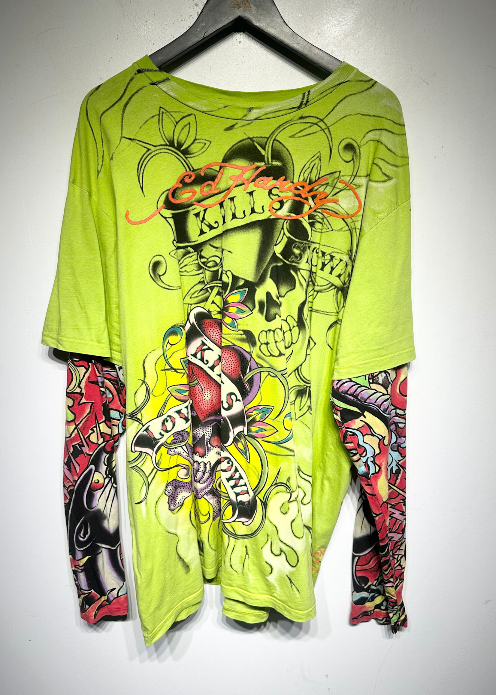 Ed Hardy 2000s Lime Green Tattoo Sleeve LS XXL