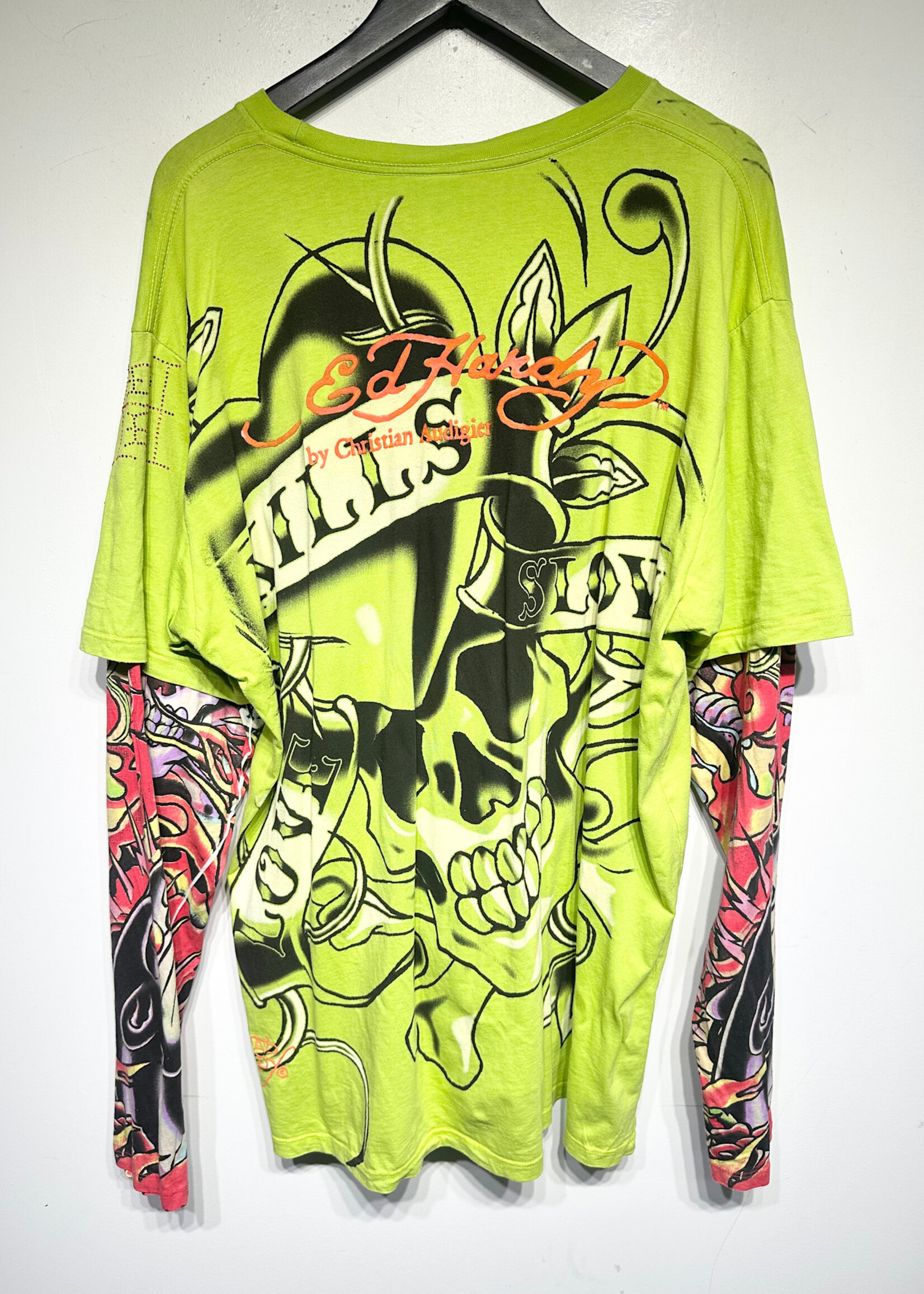 Ed Hardy 2000s Lime Green Tattoo Sleeve LS XXL