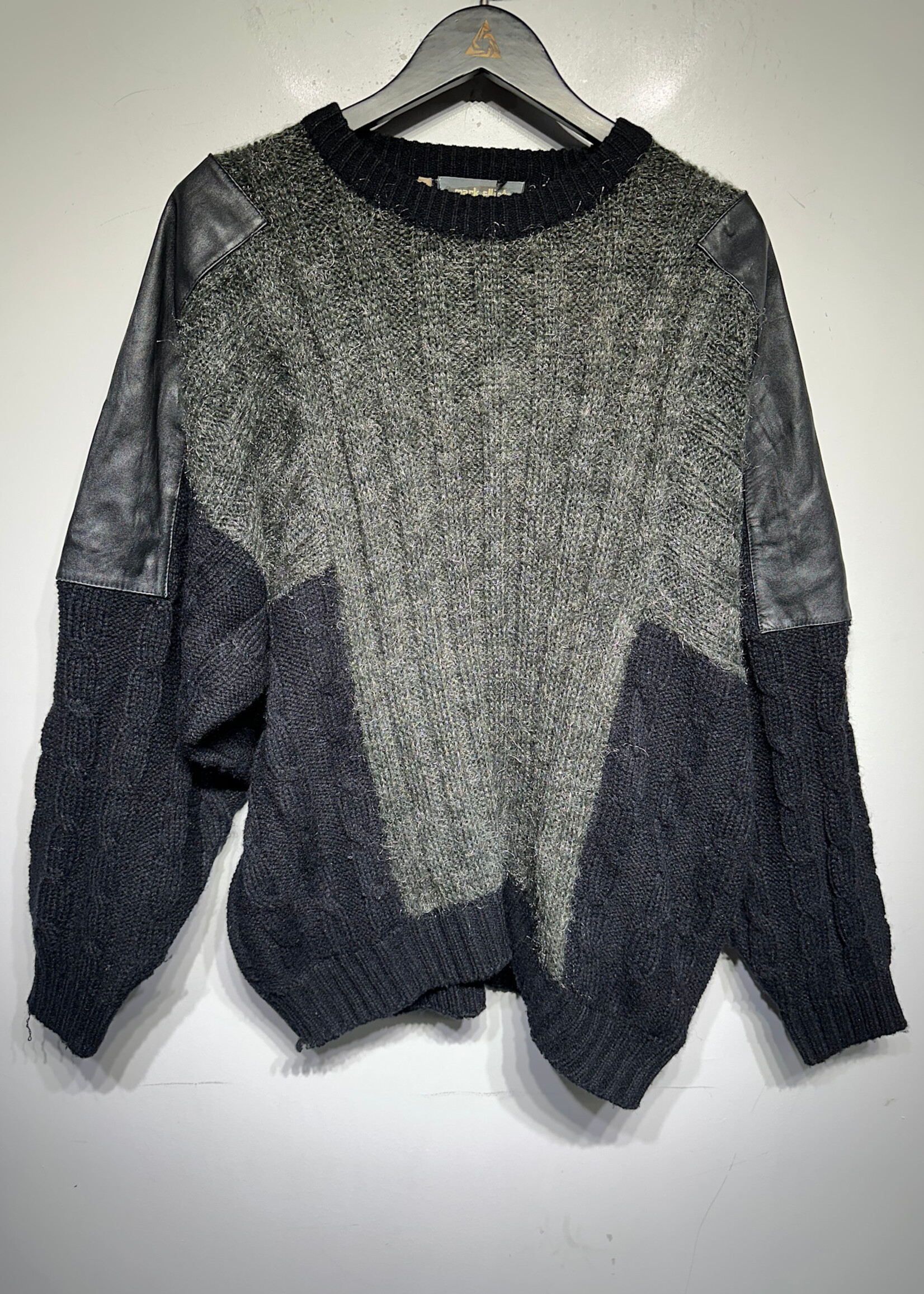 Mark Elliot Grey Fuzzy Leather Trim Oversized Sweater L