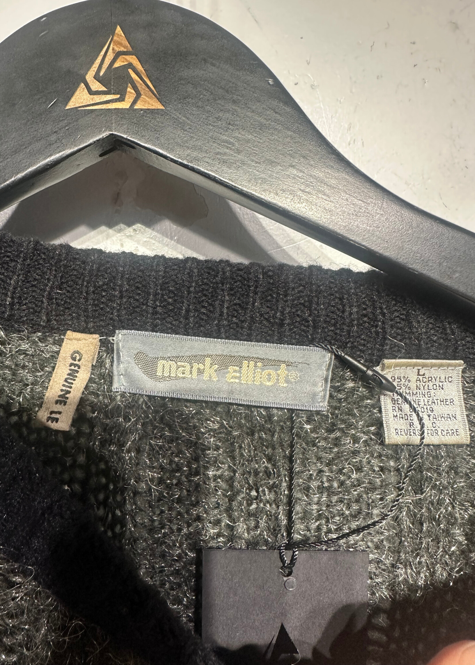 Mark Elliot Grey Fuzzy Leather Trim Oversized Sweater L