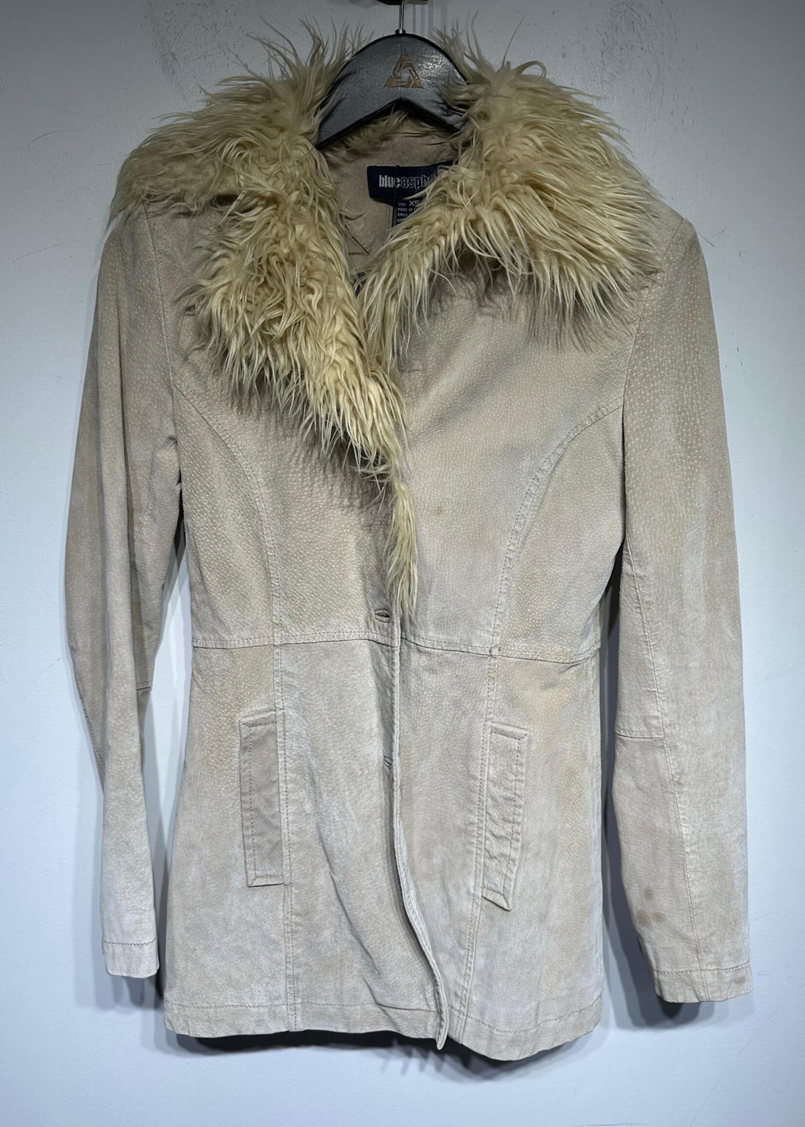 Blue Asphalt Beige Suede Fringe Collar Jacket XS