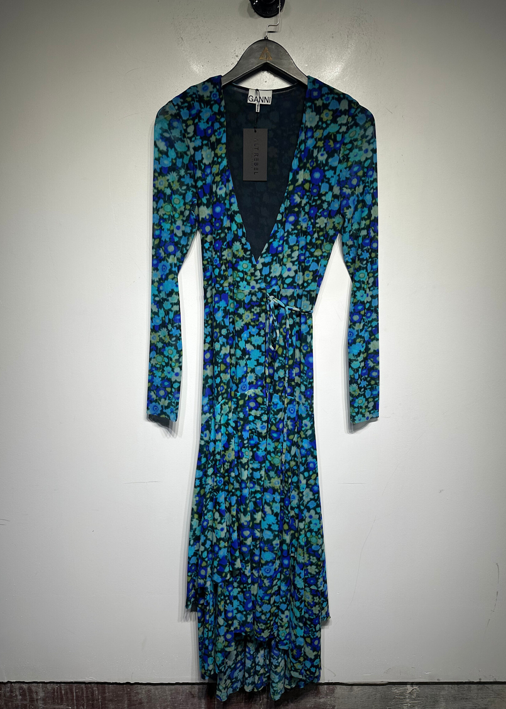 Ganni Blue Floral Mesh Wrap Dress 36/S