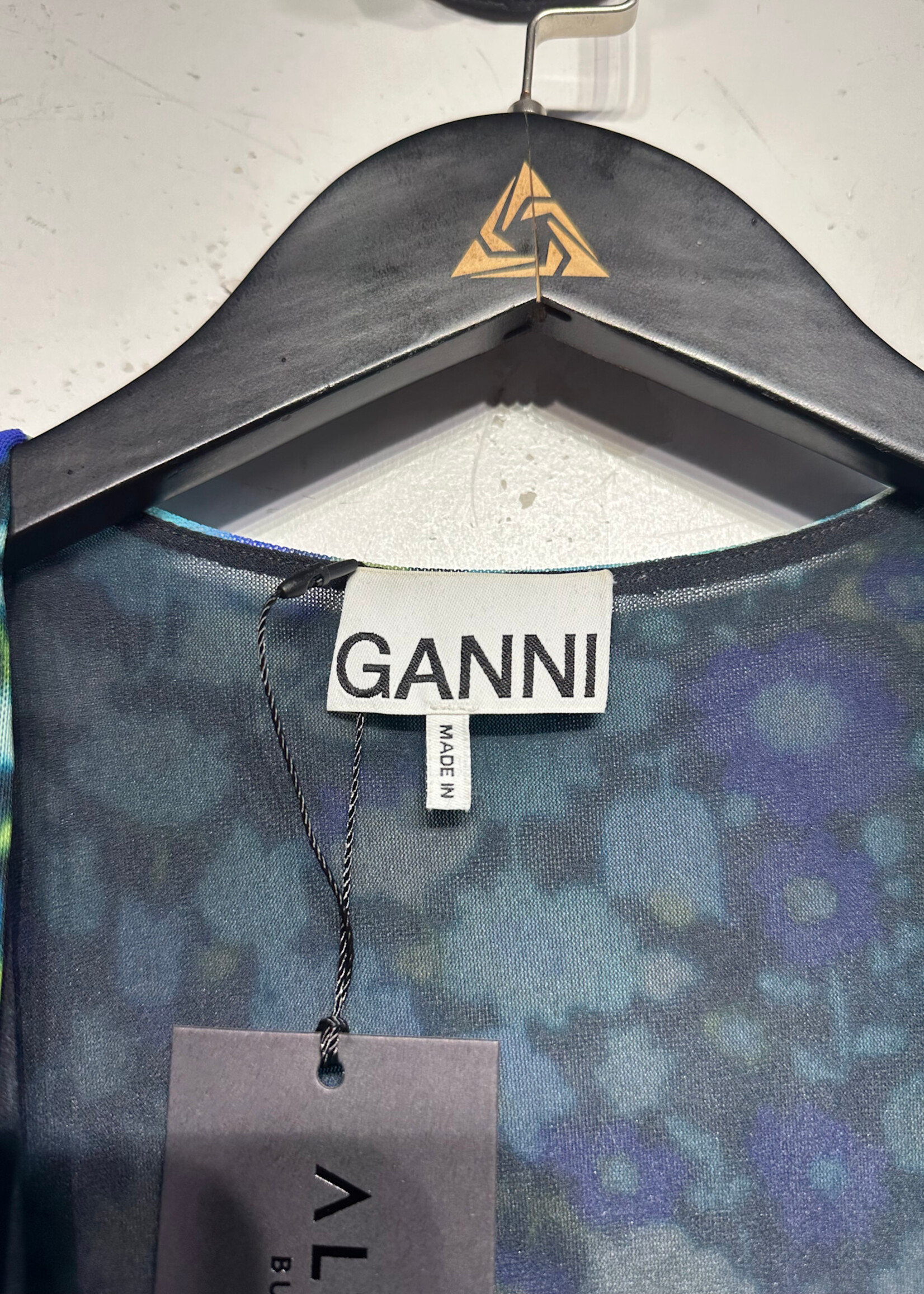 Ganni Blue Floral Mesh Wrap Dress 36/S