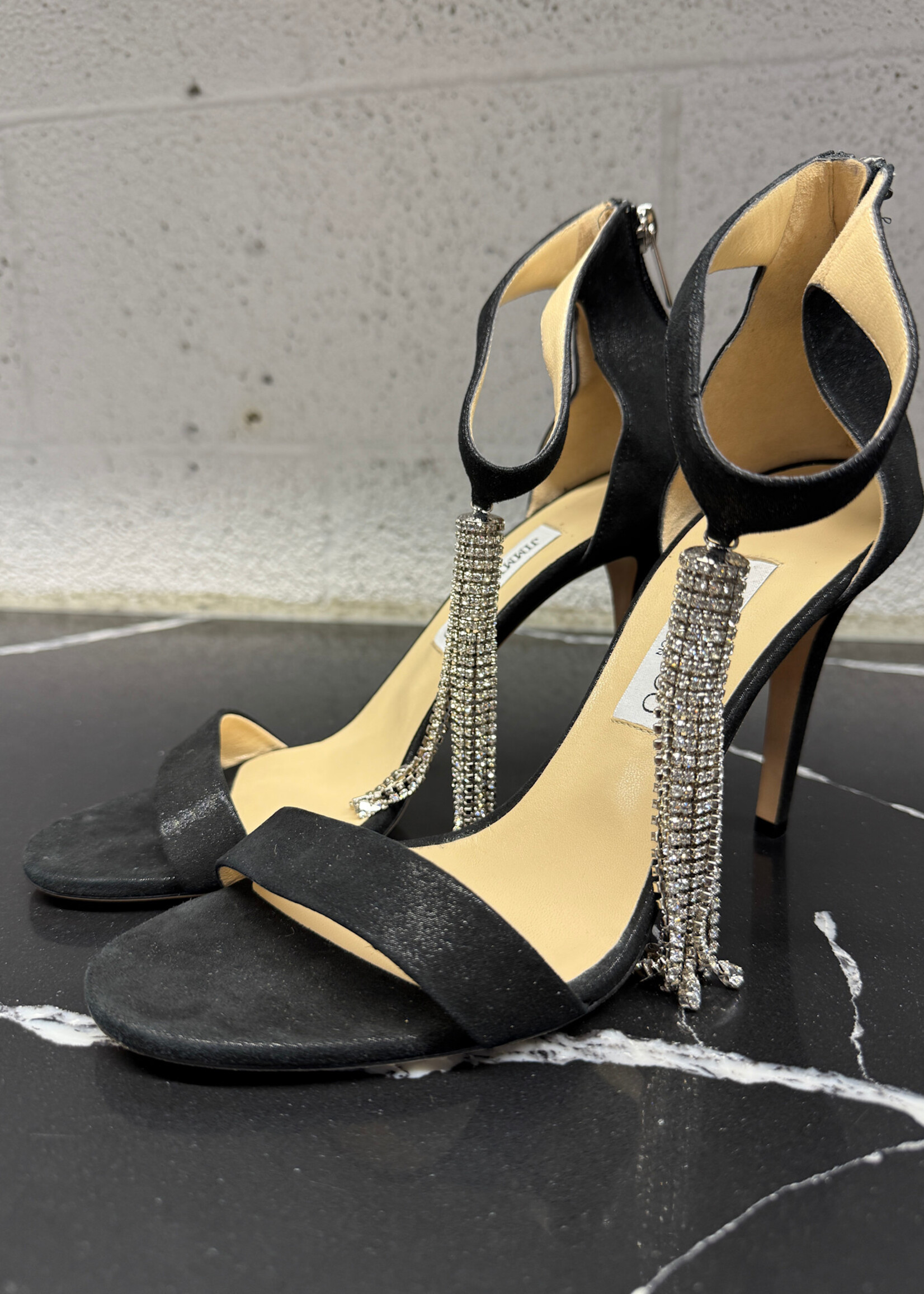 Jimmy Choo Rhinestone Tassel Black Heels 40/9