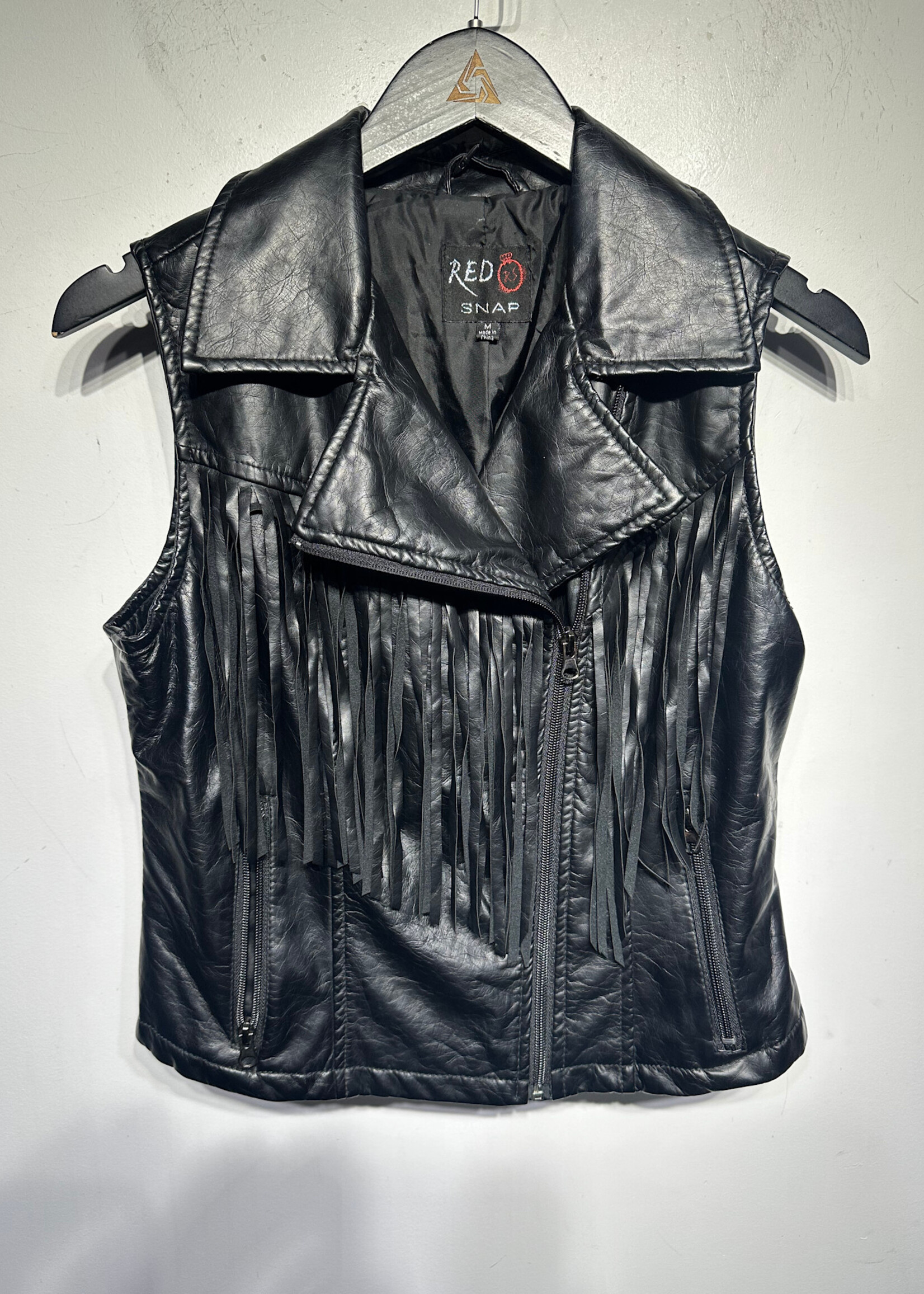 Red Snap Faux Leather Fringe Z/U Vest M